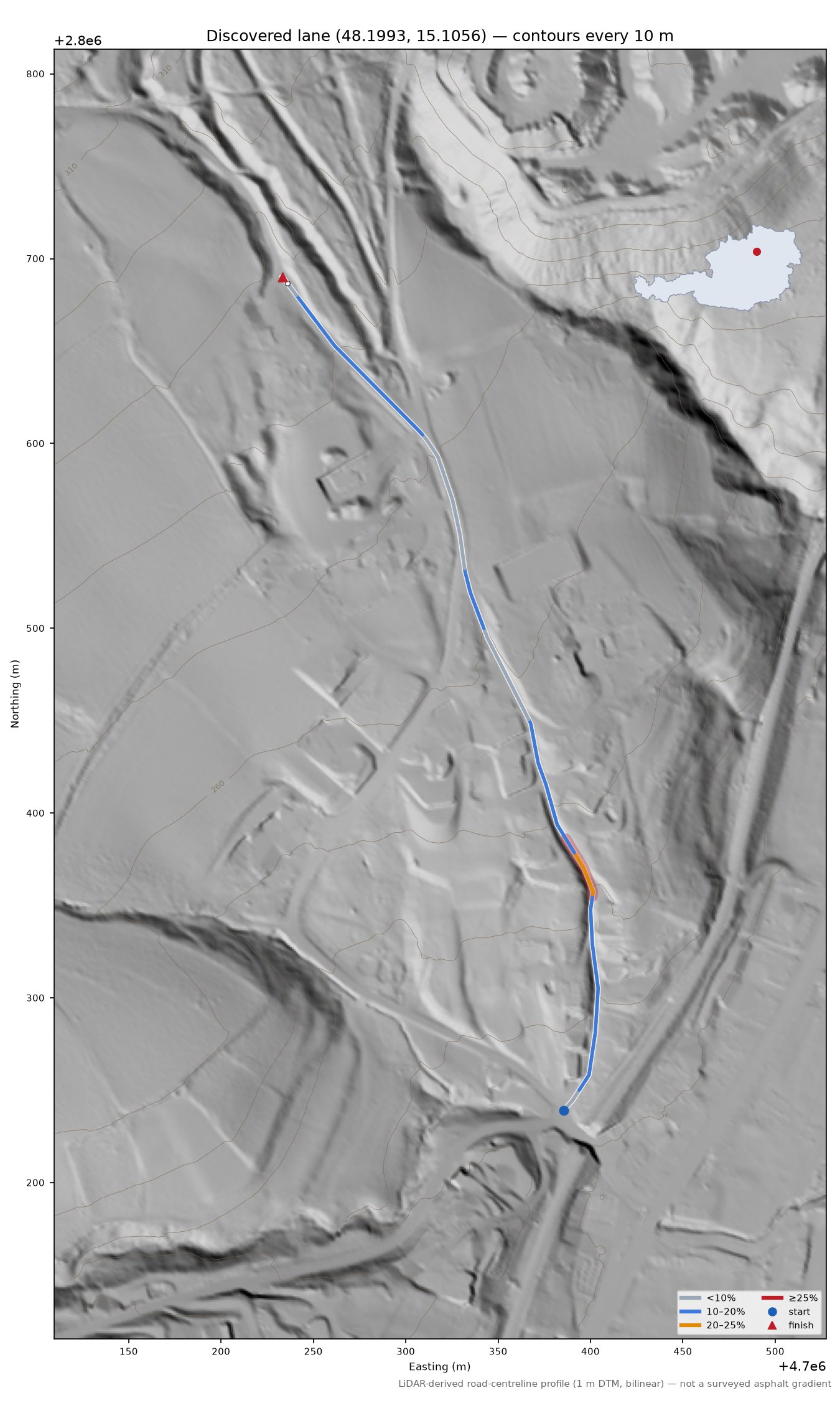 Discovered lane (48.1993, 15.1056) LiDAR hillshade map with contours