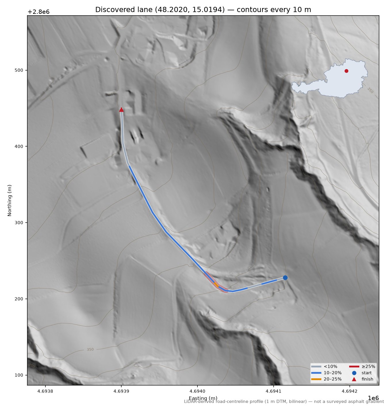 Discovered lane (48.2020, 15.0194) LiDAR hillshade map with contours