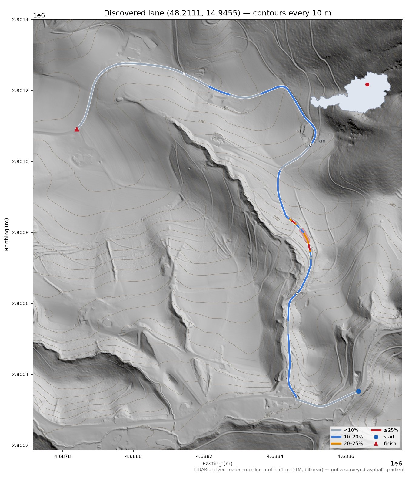 Discovered lane (48.2111, 14.9455) LiDAR hillshade map with contours
