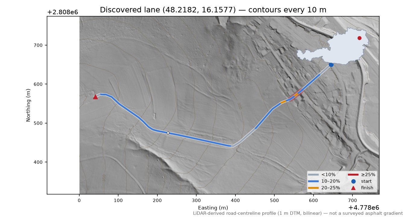 Discovered lane (48.2182, 16.1577) LiDAR hillshade map with contours