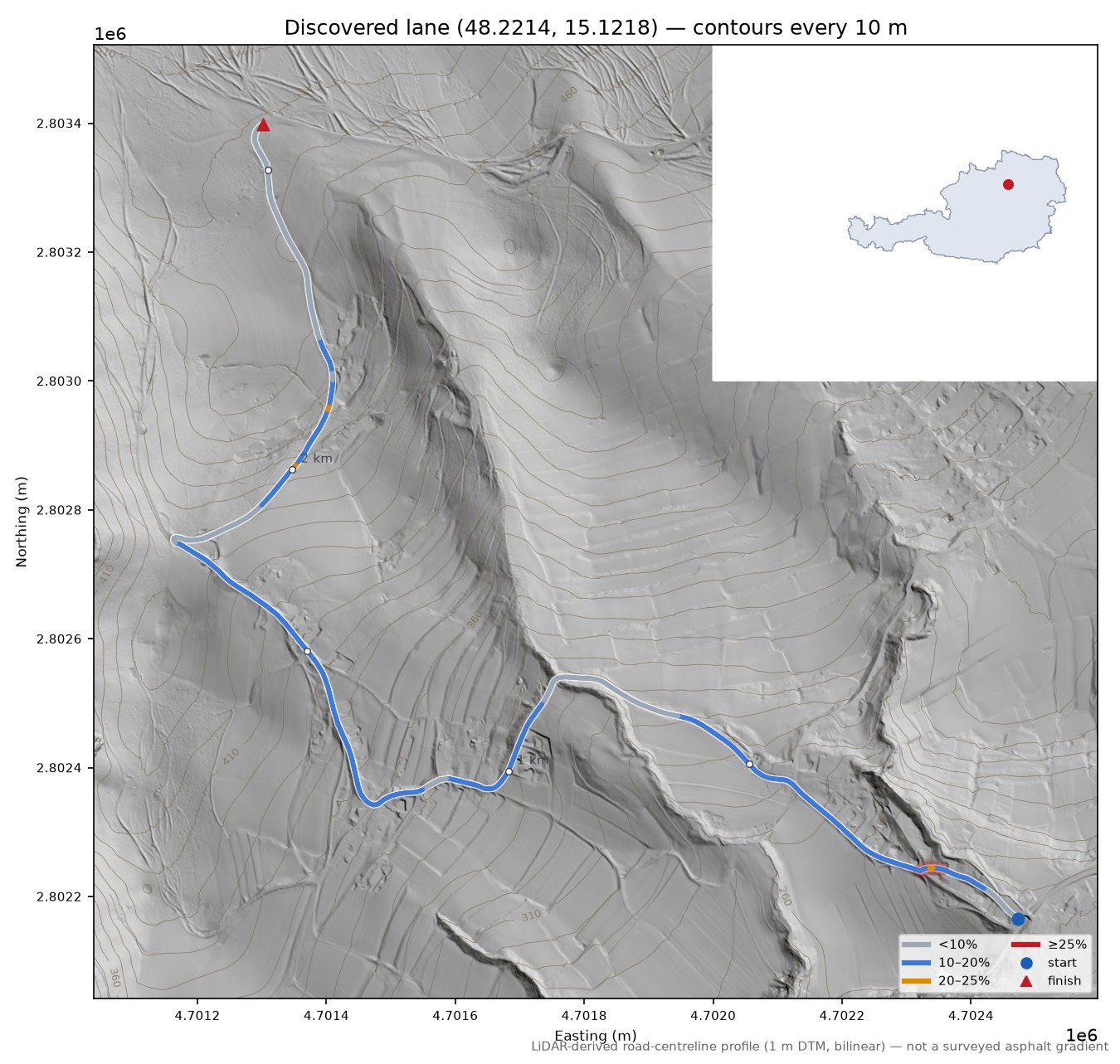 Discovered lane (48.2214, 15.1218) LiDAR hillshade map with contours