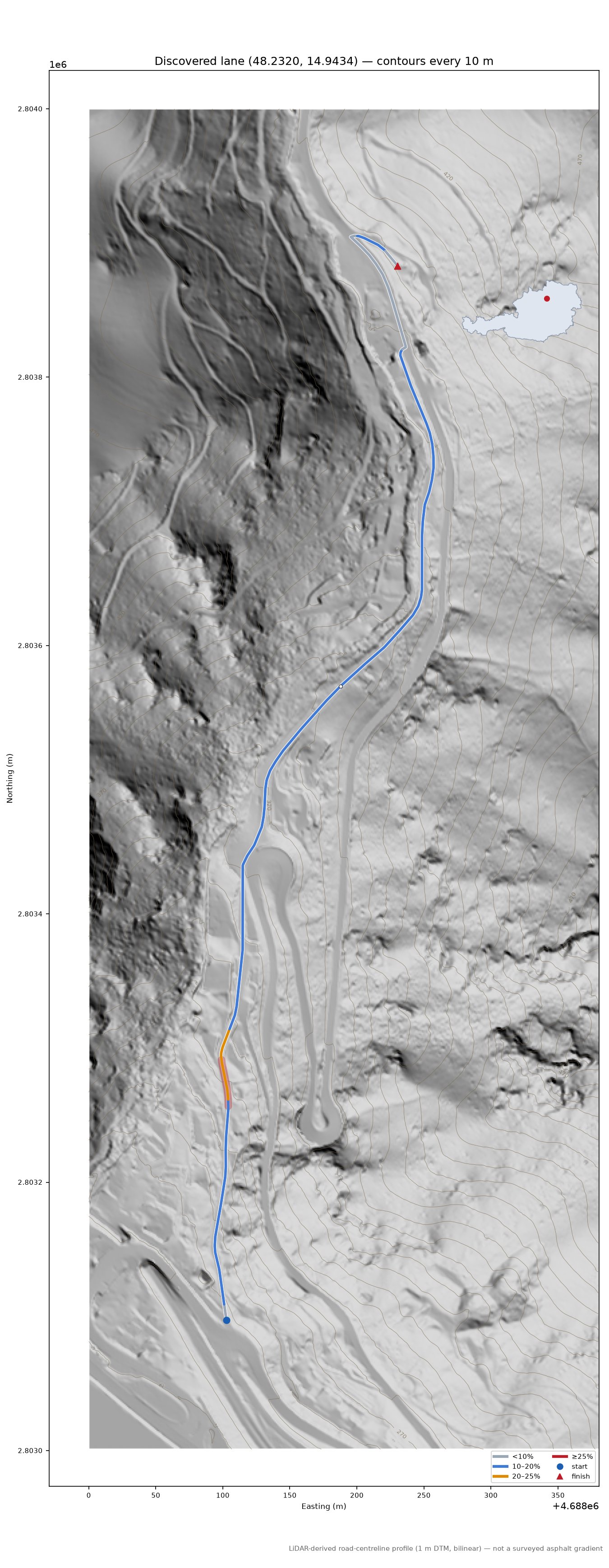 Discovered lane (48.2320, 14.9434) LiDAR hillshade map with contours