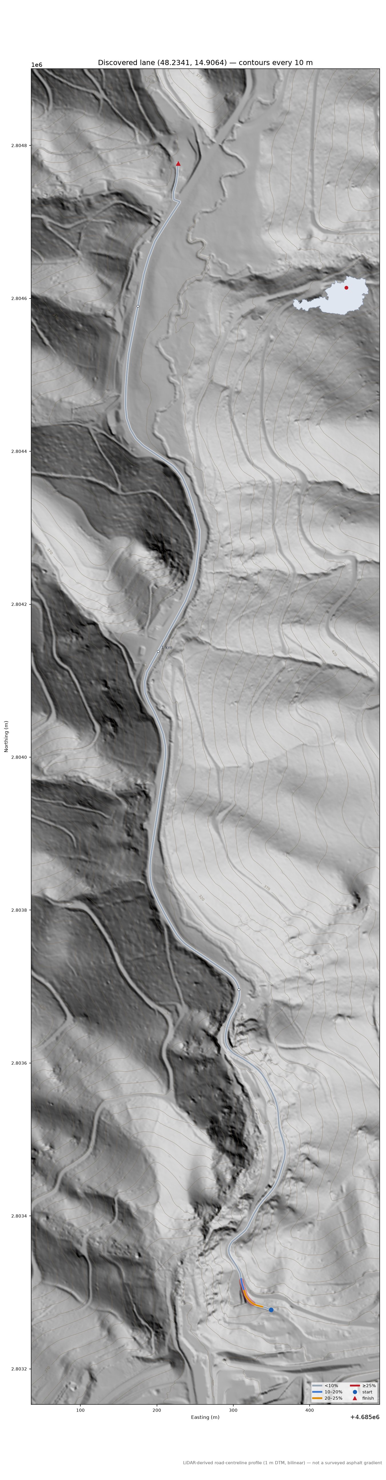 Discovered lane (48.2341, 14.9064) LiDAR hillshade map with contours