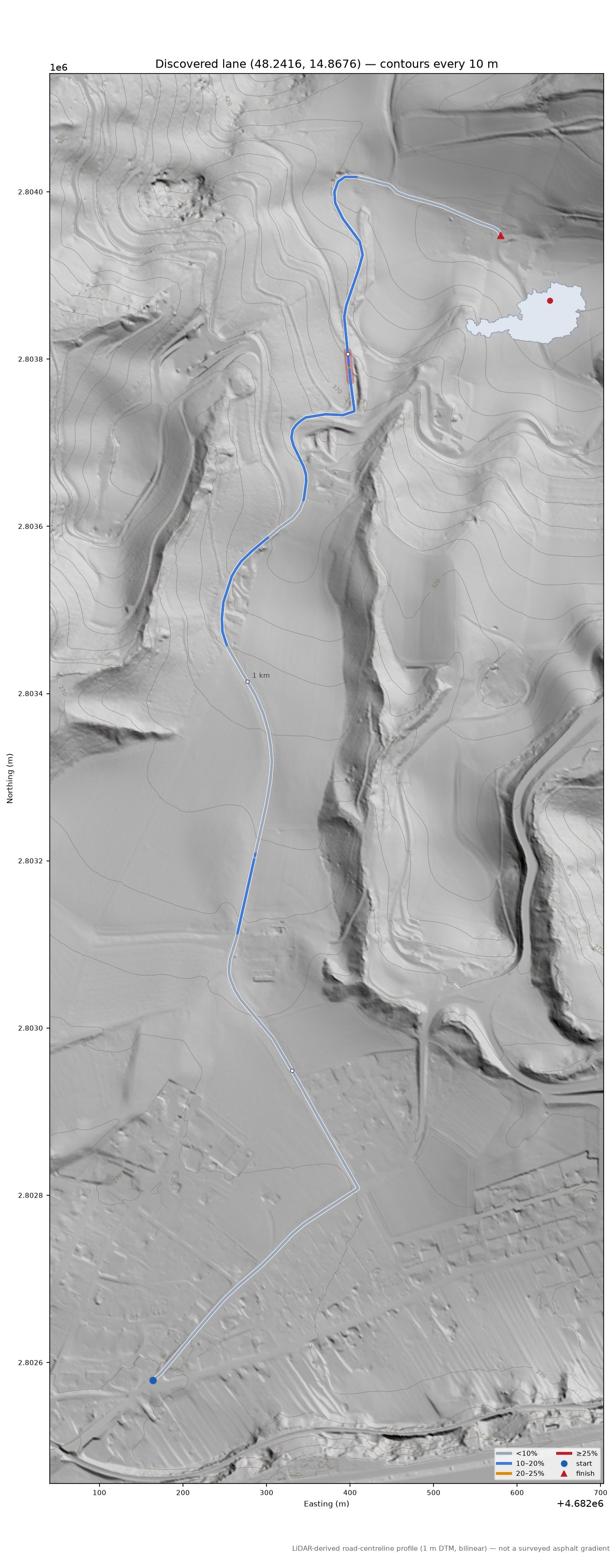 Discovered lane (48.2416, 14.8676) LiDAR hillshade map with contours