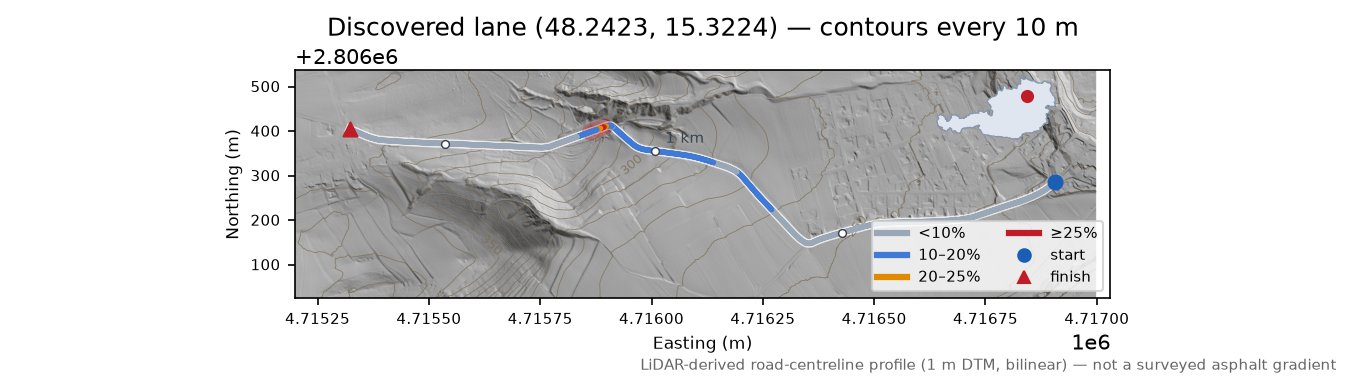 Discovered lane (48.2423, 15.3224) LiDAR hillshade map with contours