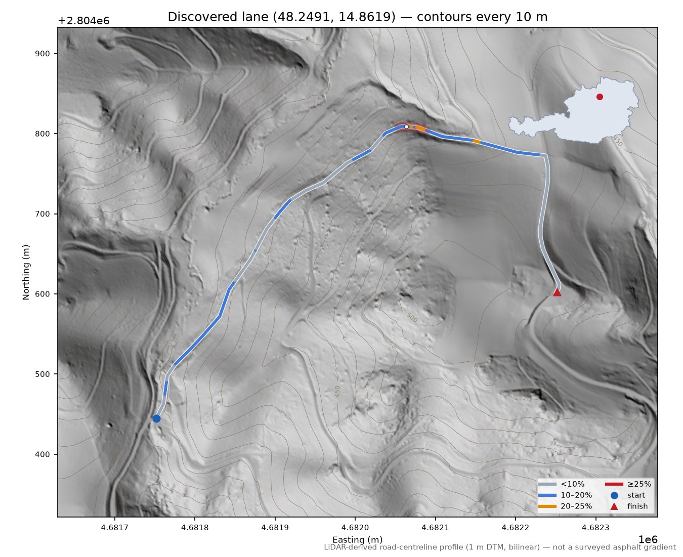 Discovered lane (48.2491, 14.8619) LiDAR hillshade map with contours