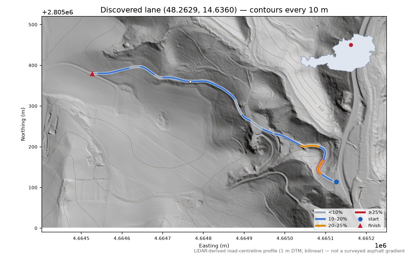Discovered lane (48.2629, 14.6360) LiDAR hillshade map with contours