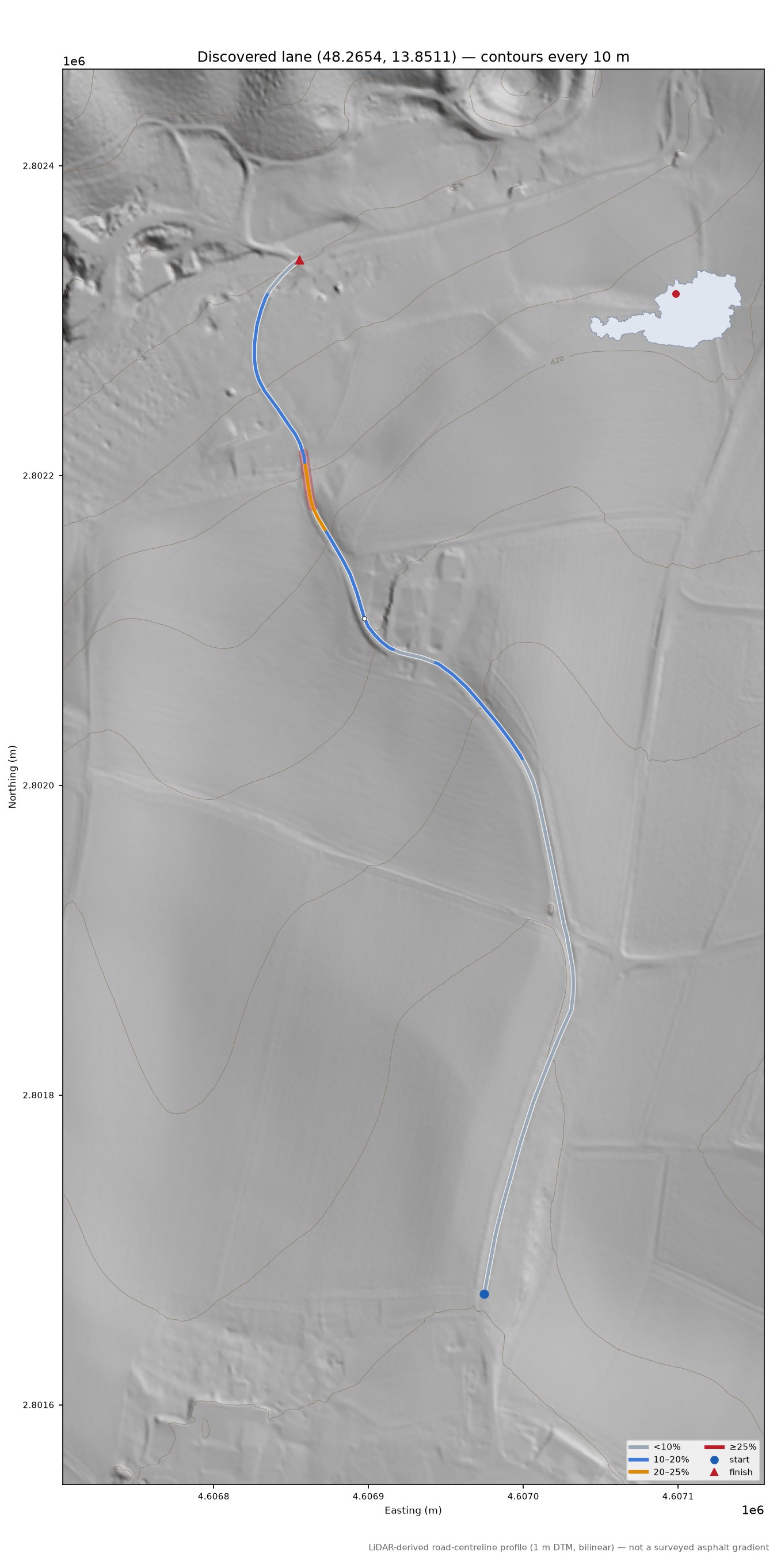 Discovered lane (48.2654, 13.8511) LiDAR hillshade map with contours