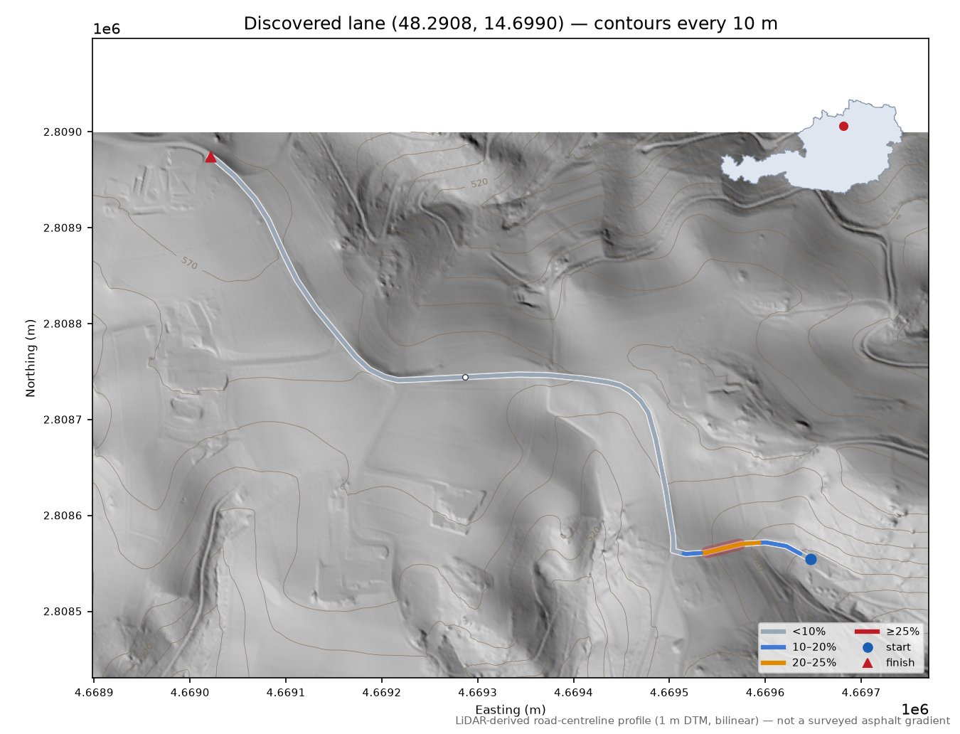 Discovered lane (48.2908, 14.6990) LiDAR hillshade map with contours