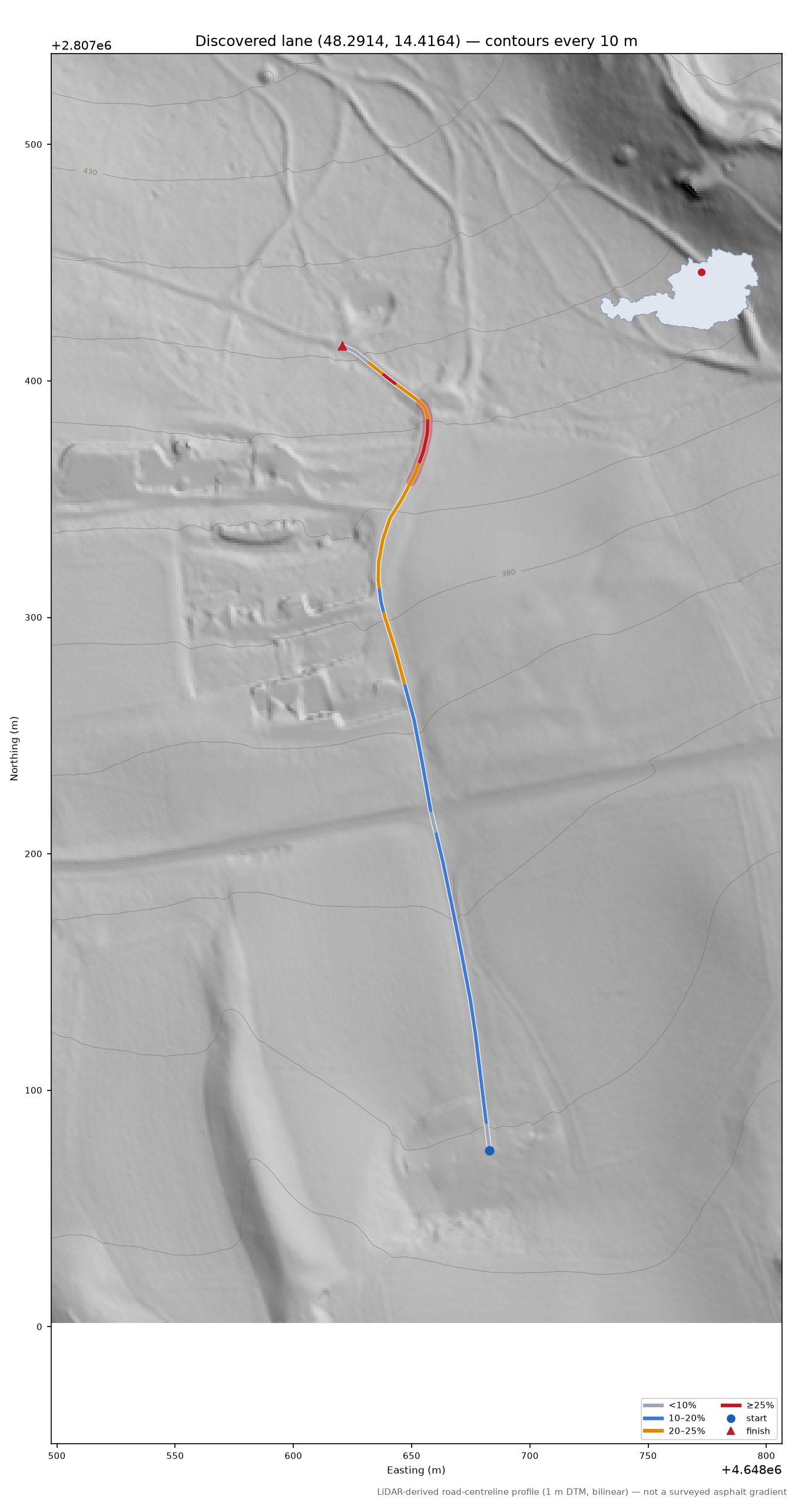 Discovered lane (48.2914, 14.4164) LiDAR hillshade map with contours