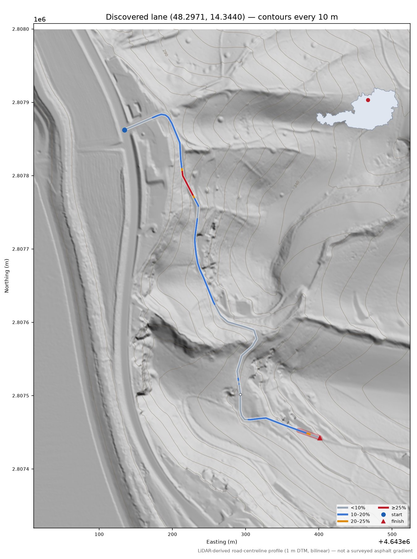 Discovered lane (48.2971, 14.3440) LiDAR hillshade map with contours