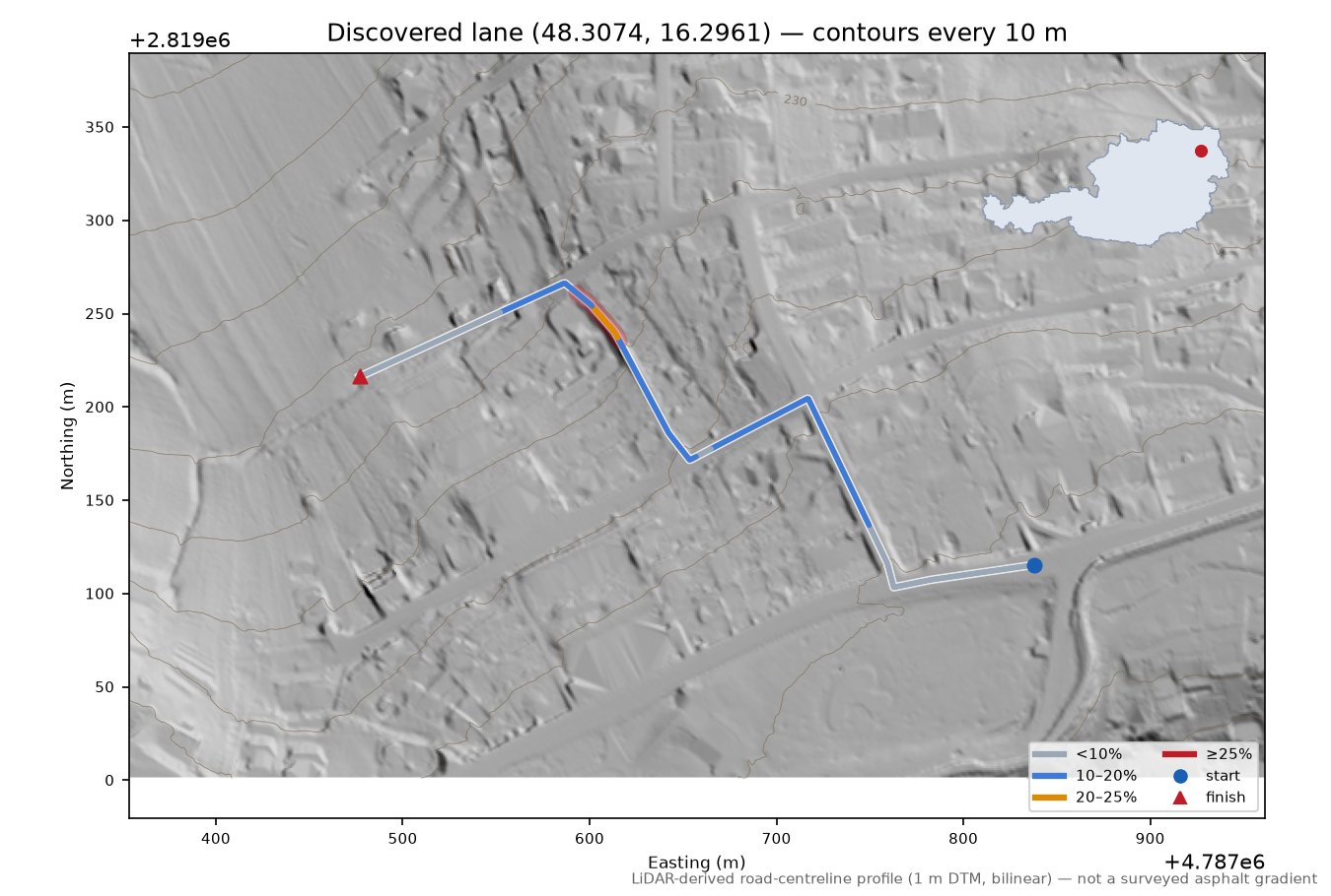 Discovered lane (48.3074, 16.2961) LiDAR hillshade map with contours