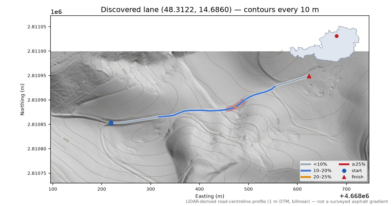 Discovered lane (48.3122, 14.6860) LiDAR hillshade map with contours