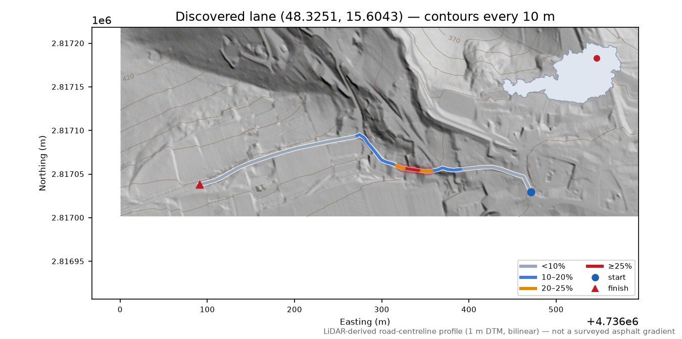 Discovered lane (48.3251, 15.6043) LiDAR hillshade map with contours
