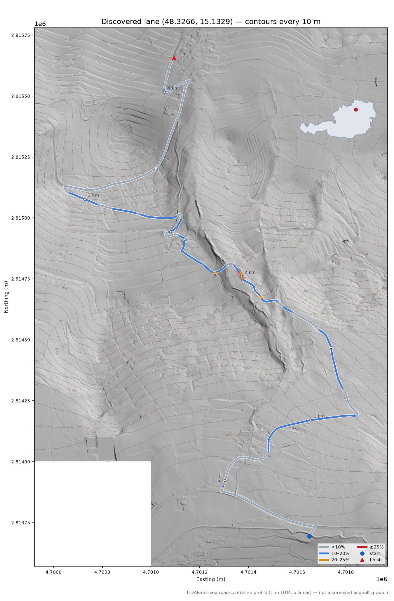 Discovered lane (48.3266, 15.1329) LiDAR hillshade map with contours