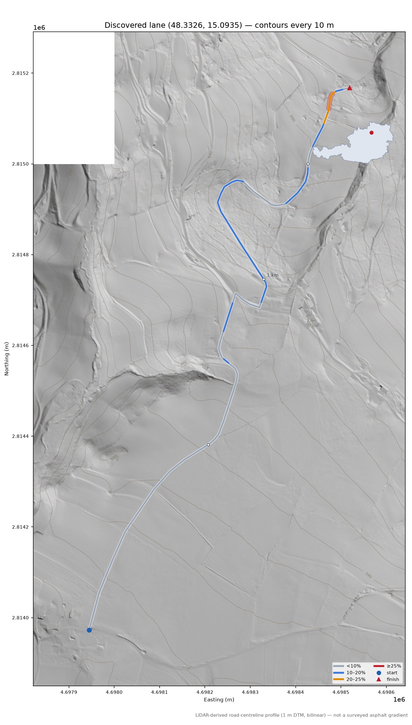 Discovered lane (48.3326, 15.0935) LiDAR hillshade map with contours