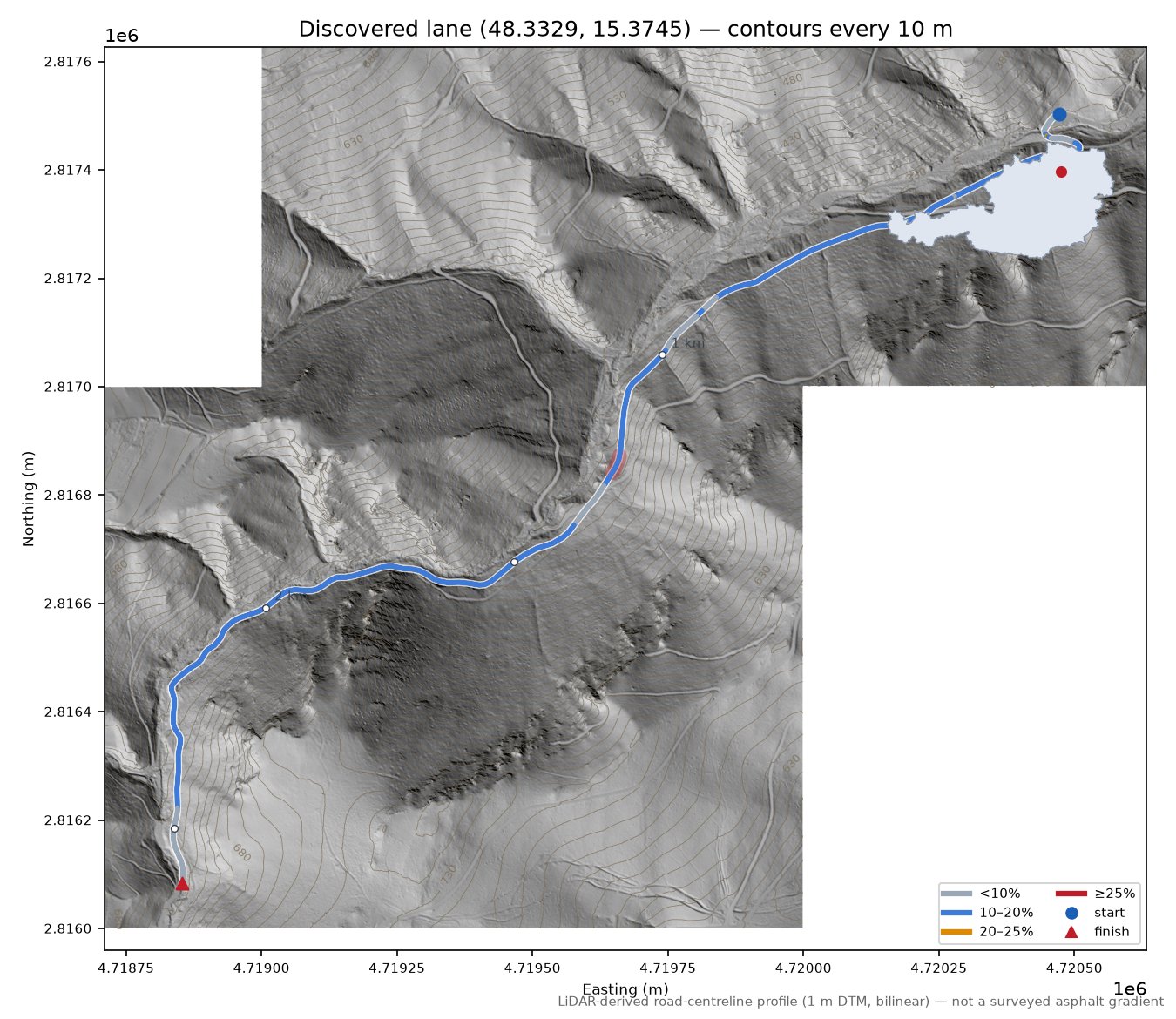 Discovered lane (48.3329, 15.3745) LiDAR hillshade map with contours