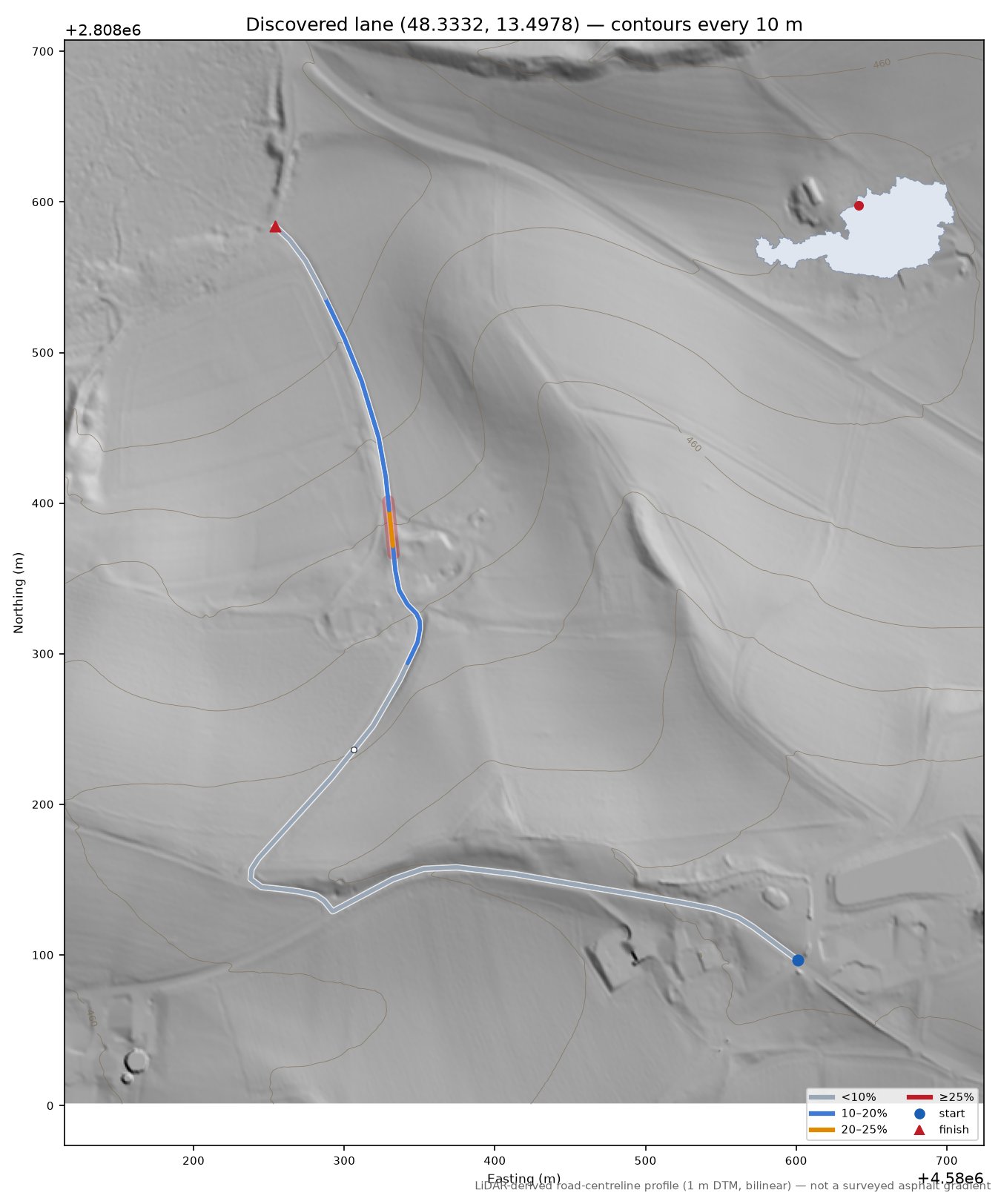 Discovered lane (48.3332, 13.4978) LiDAR hillshade map with contours