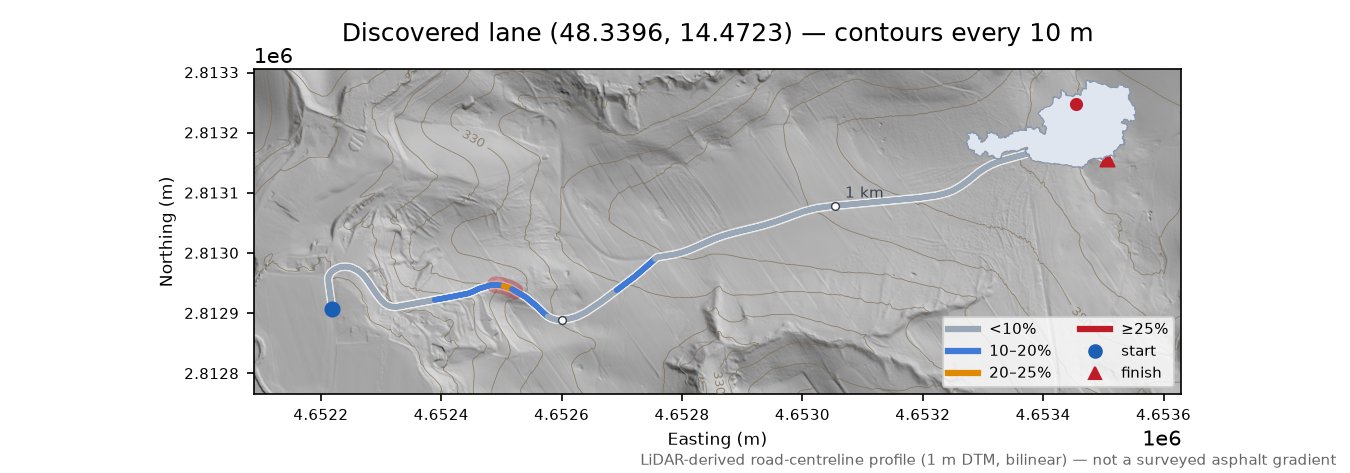 Discovered lane (48.3396, 14.4723) LiDAR hillshade map with contours