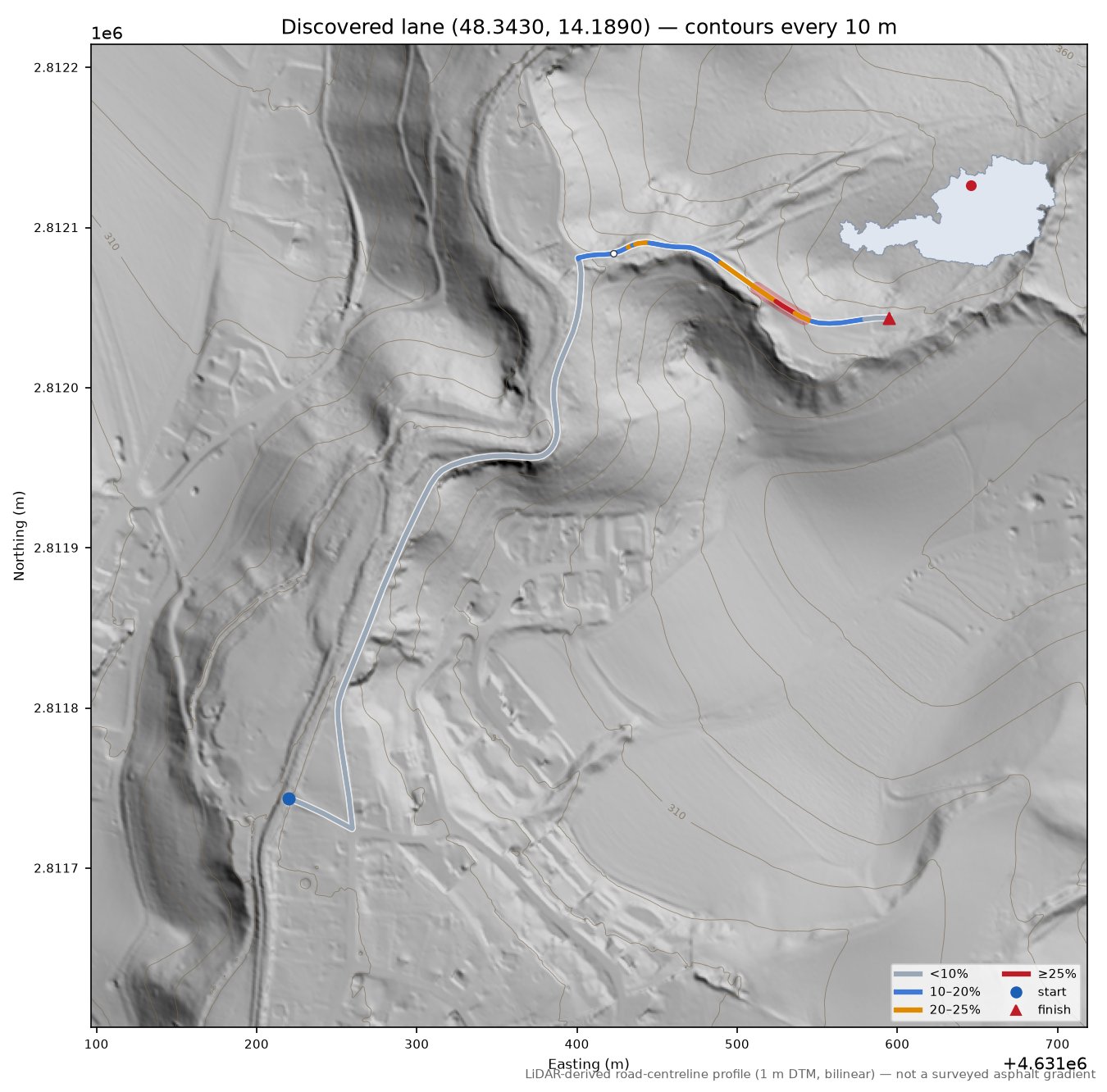 Discovered lane (48.3430, 14.1890) LiDAR hillshade map with contours