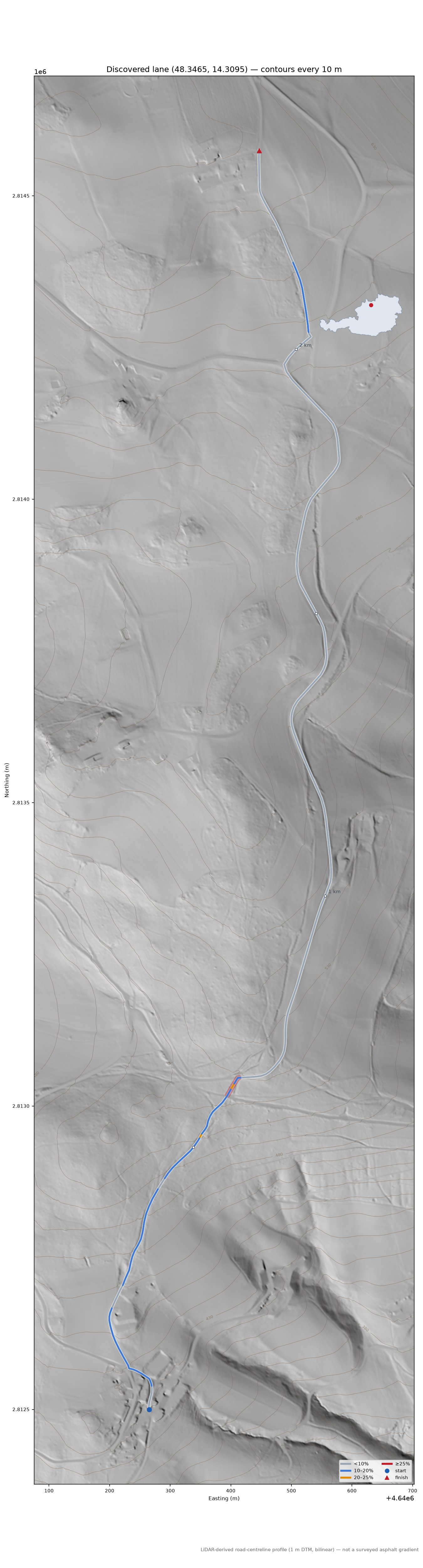 Discovered lane (48.3465, 14.3095) LiDAR hillshade map with contours