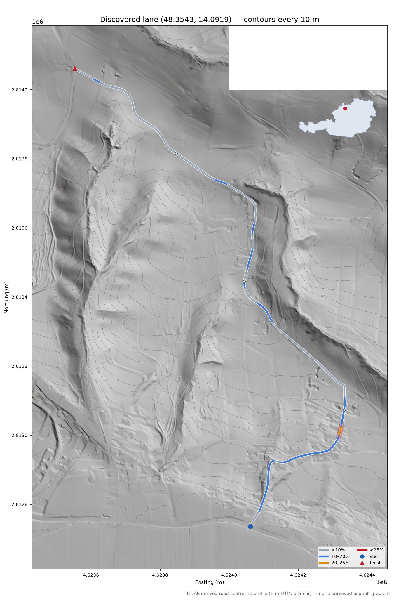 Discovered lane (48.3543, 14.0919) LiDAR hillshade map with contours