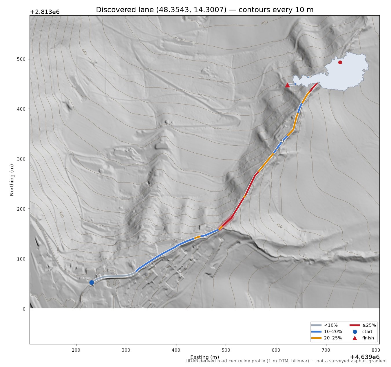 Discovered lane (48.3543, 14.3007) LiDAR hillshade map with contours