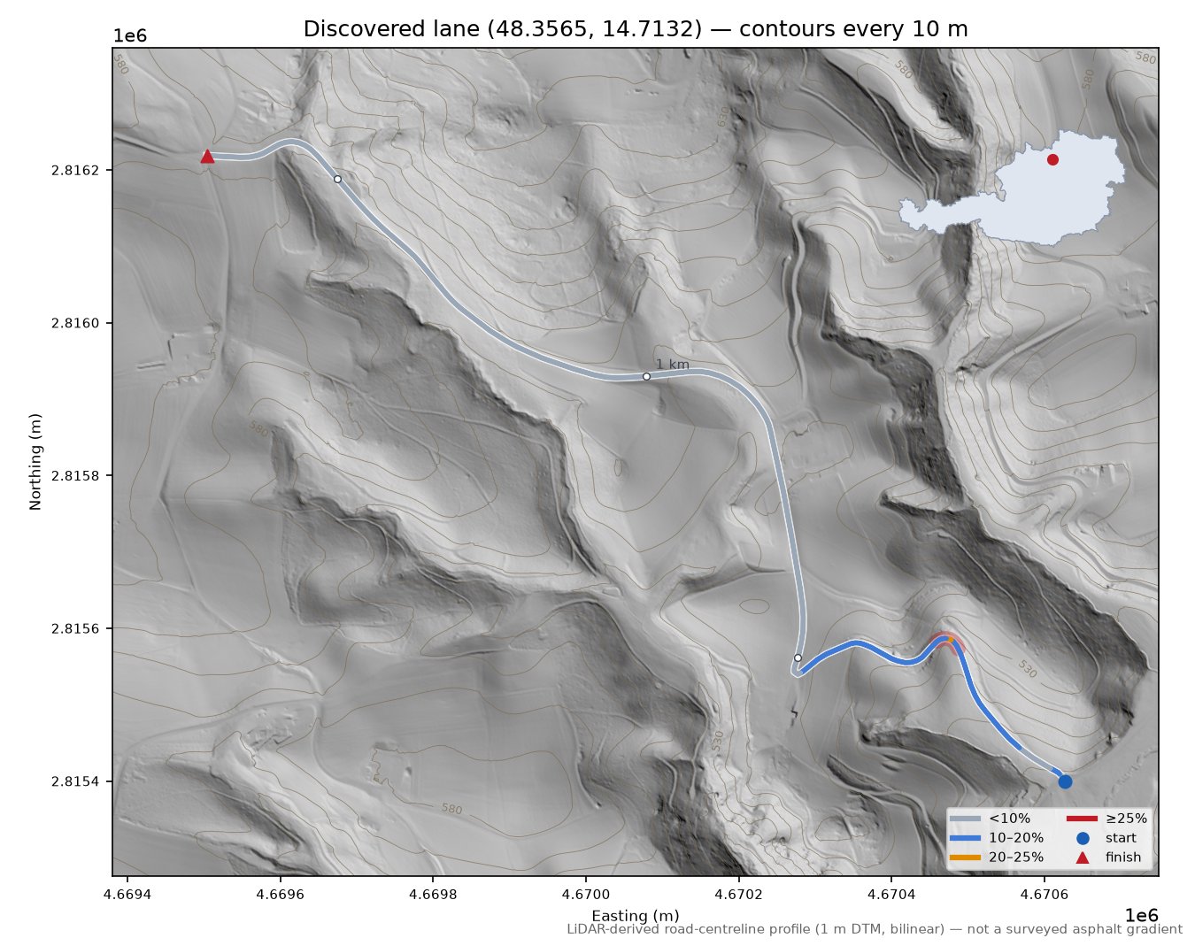 Discovered lane (48.3565, 14.7132) LiDAR hillshade map with contours