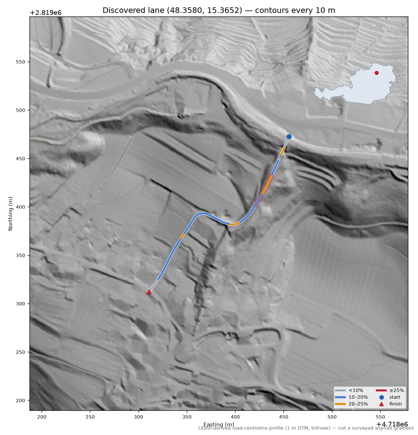 Discovered lane (48.3580, 15.3652) LiDAR hillshade map with contours