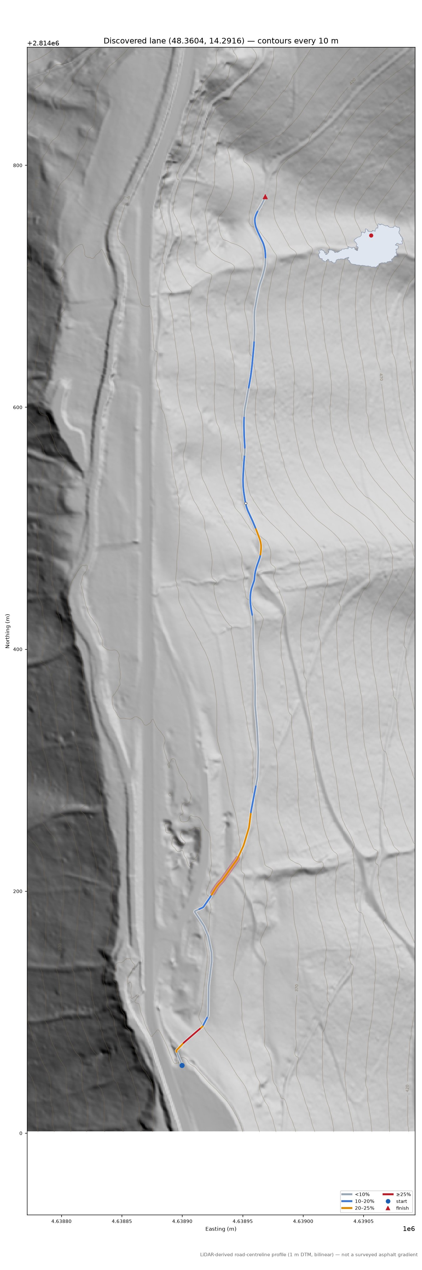 Discovered lane (48.3604, 14.2916) LiDAR hillshade map with contours
