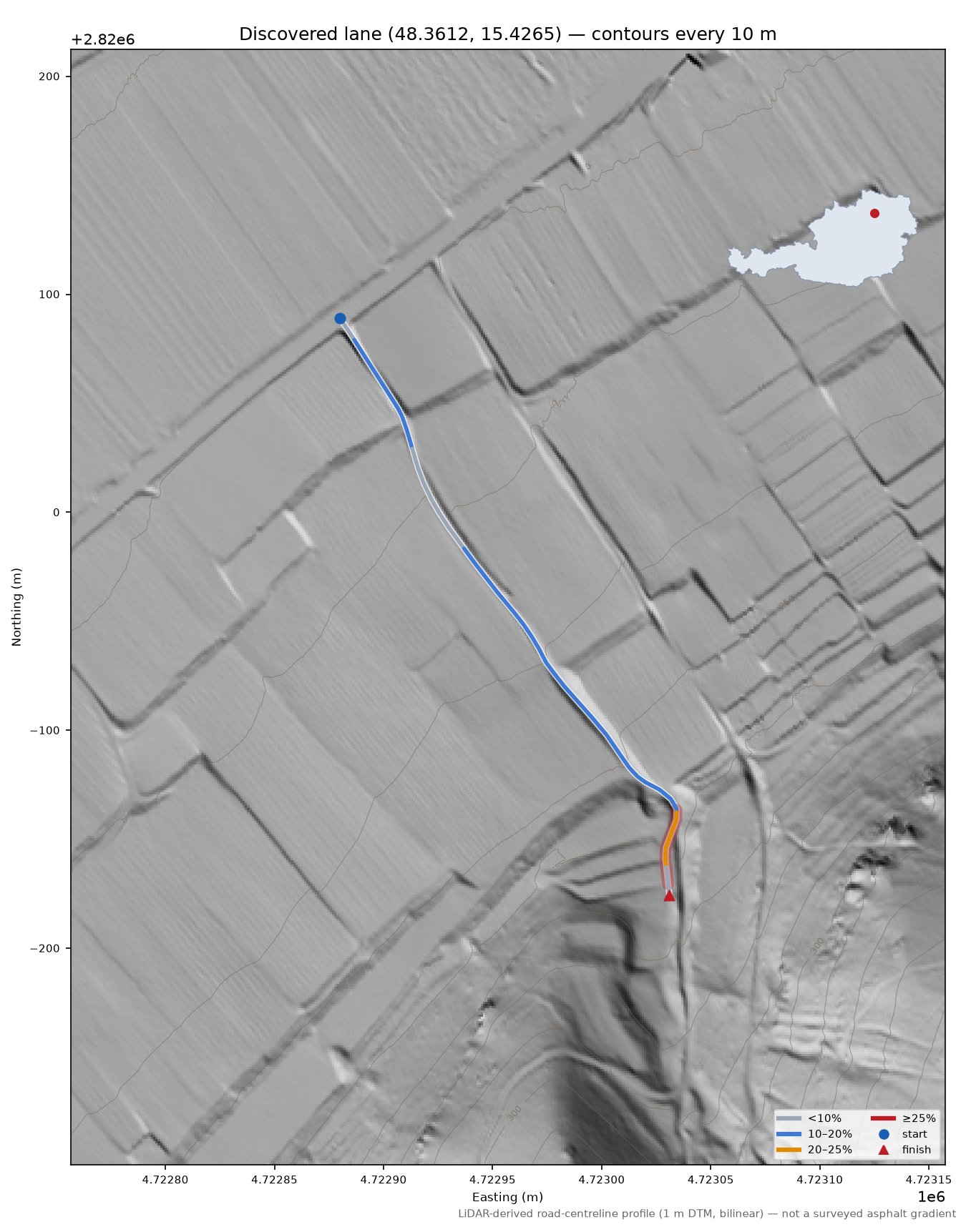 Discovered lane (48.3612, 15.4265) LiDAR hillshade map with contours