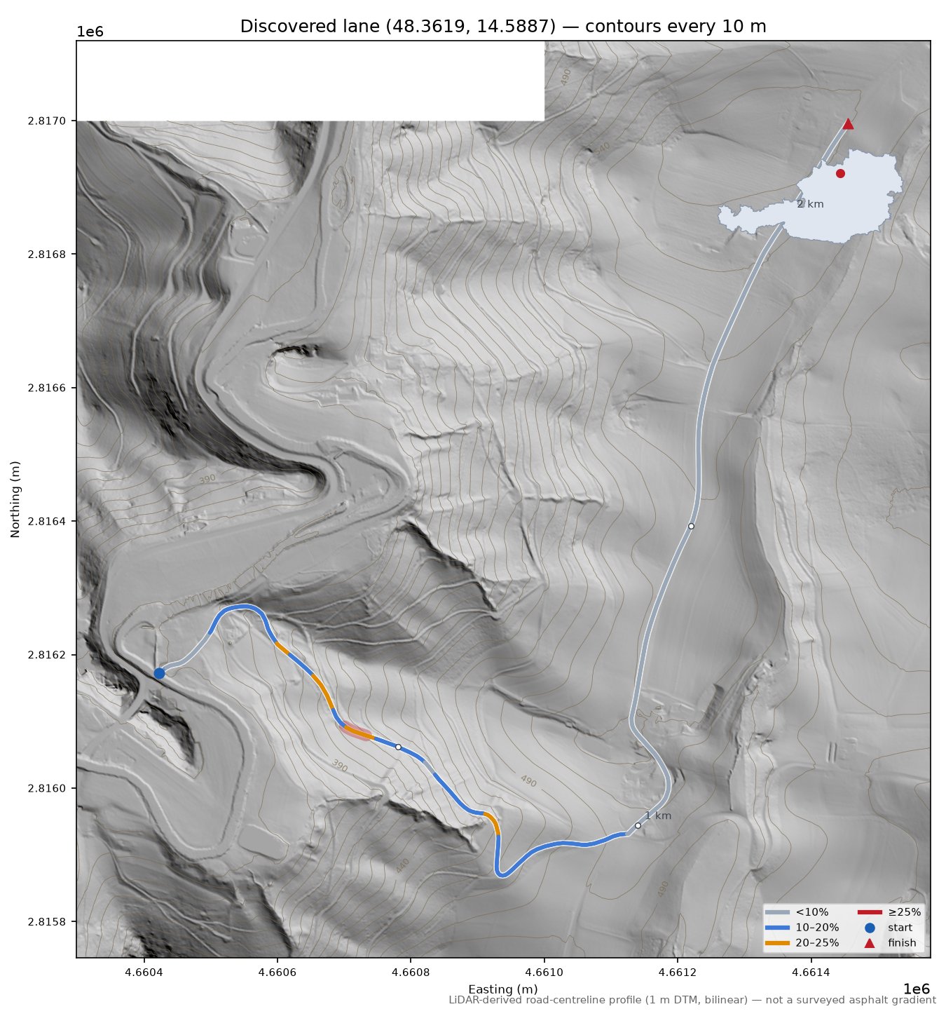 Discovered lane (48.3619, 14.5887) LiDAR hillshade map with contours