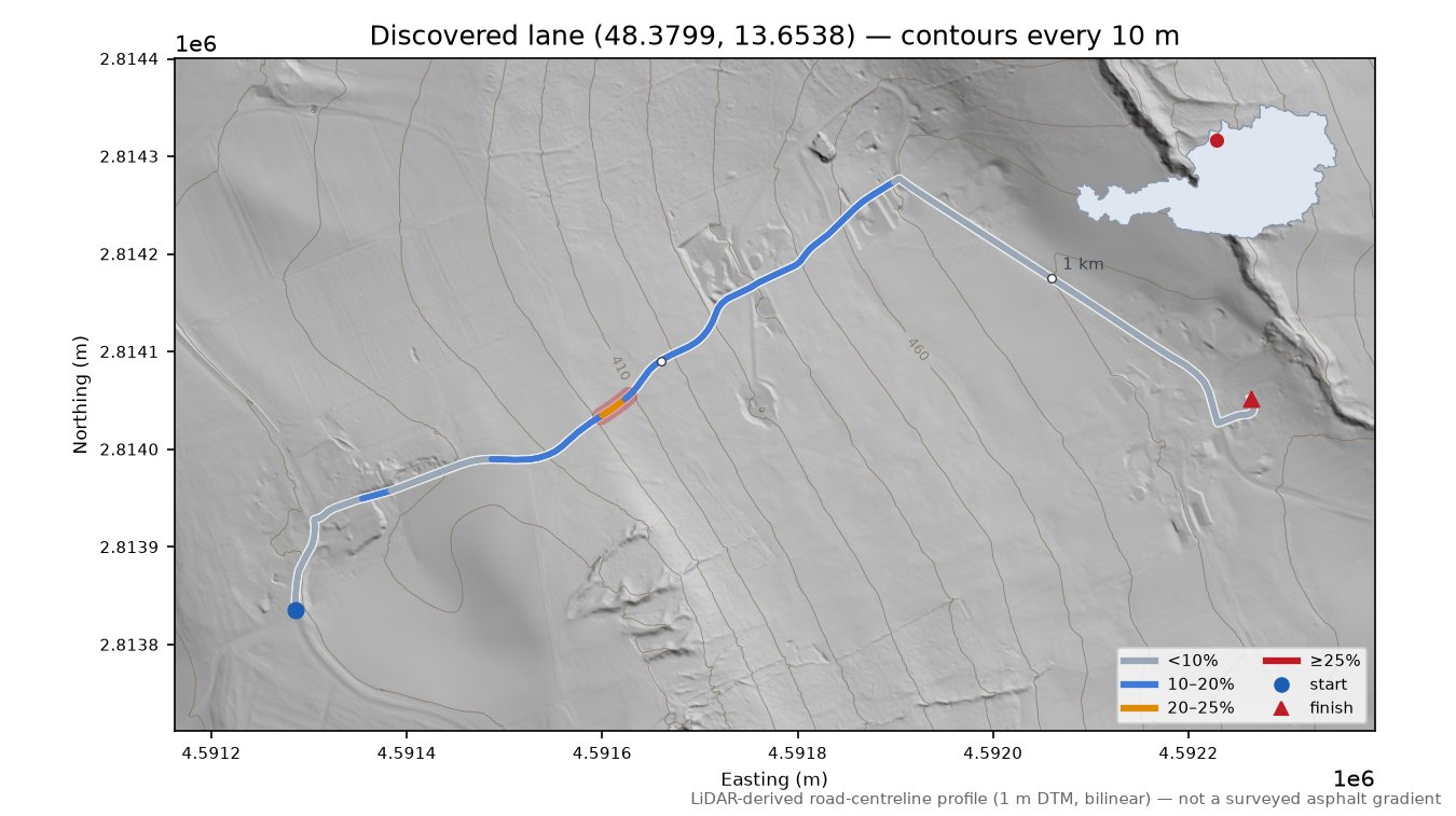 Discovered lane (48.3799, 13.6538) LiDAR hillshade map with contours