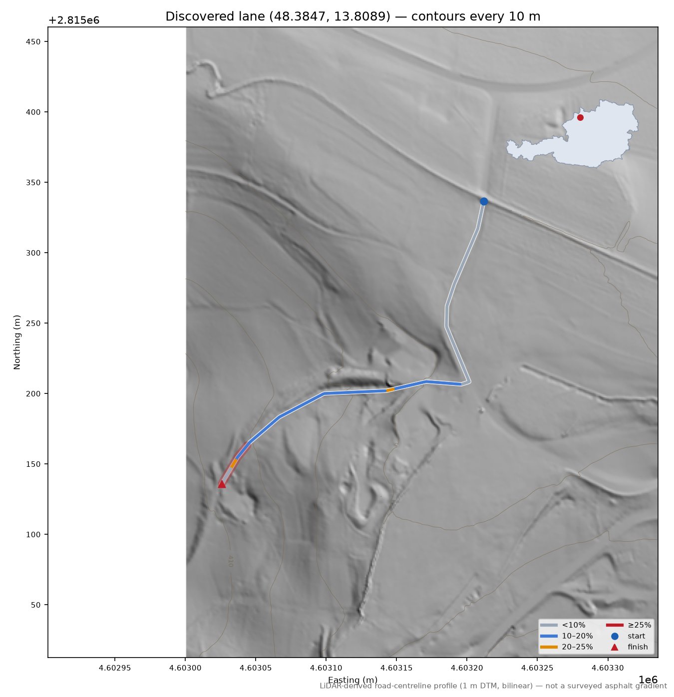Discovered lane (48.3847, 13.8089) LiDAR hillshade map with contours