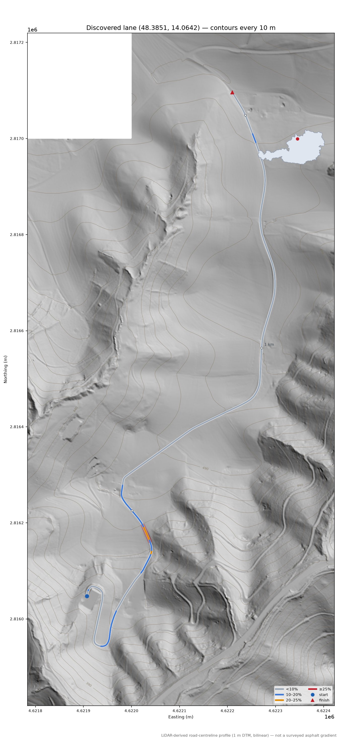 Discovered lane (48.3851, 14.0642) LiDAR hillshade map with contours