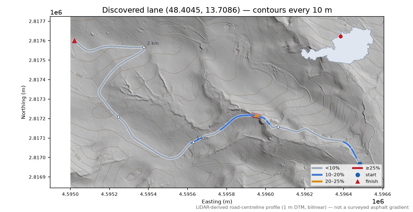Discovered lane (48.4045, 13.7086) LiDAR hillshade map with contours