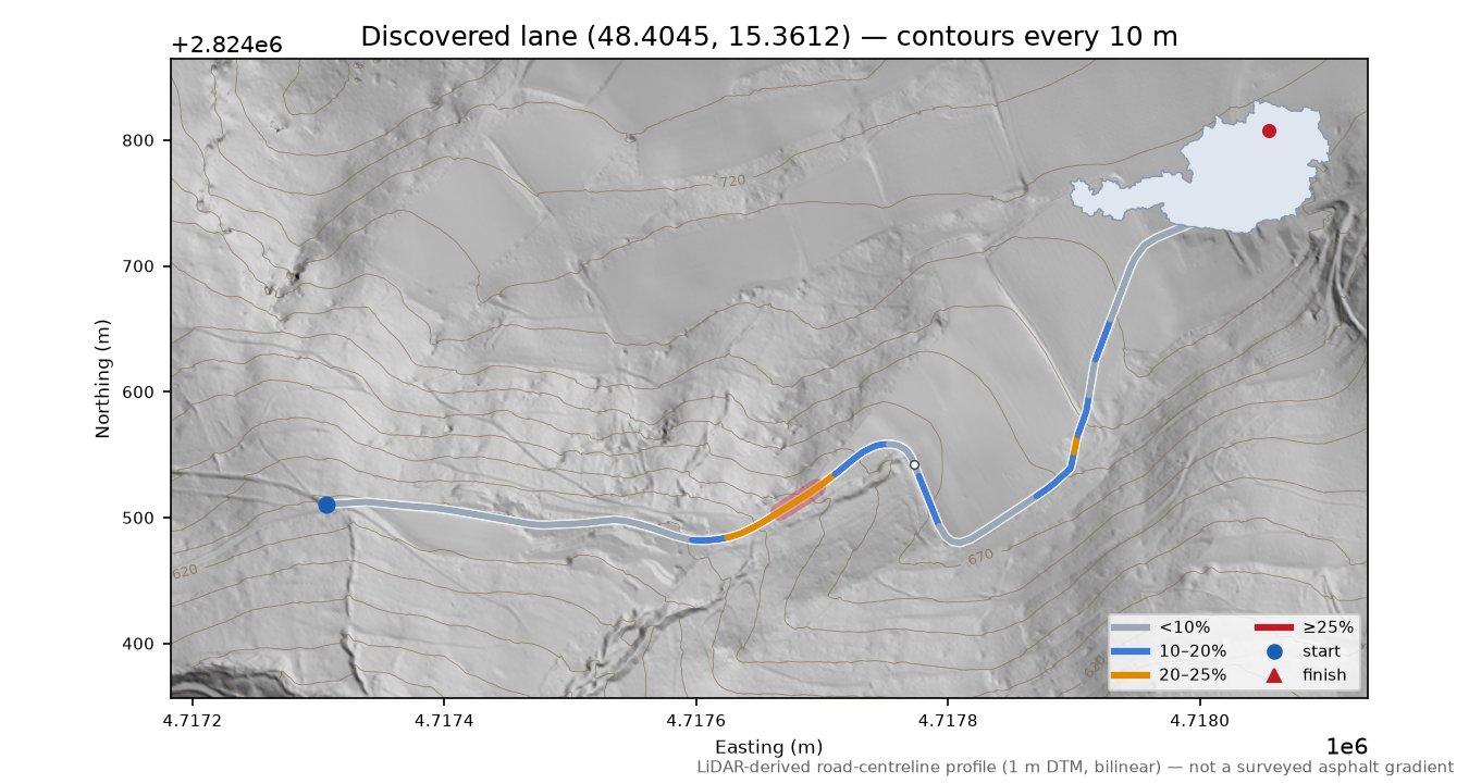 Discovered lane (48.4045, 15.3612) LiDAR hillshade map with contours