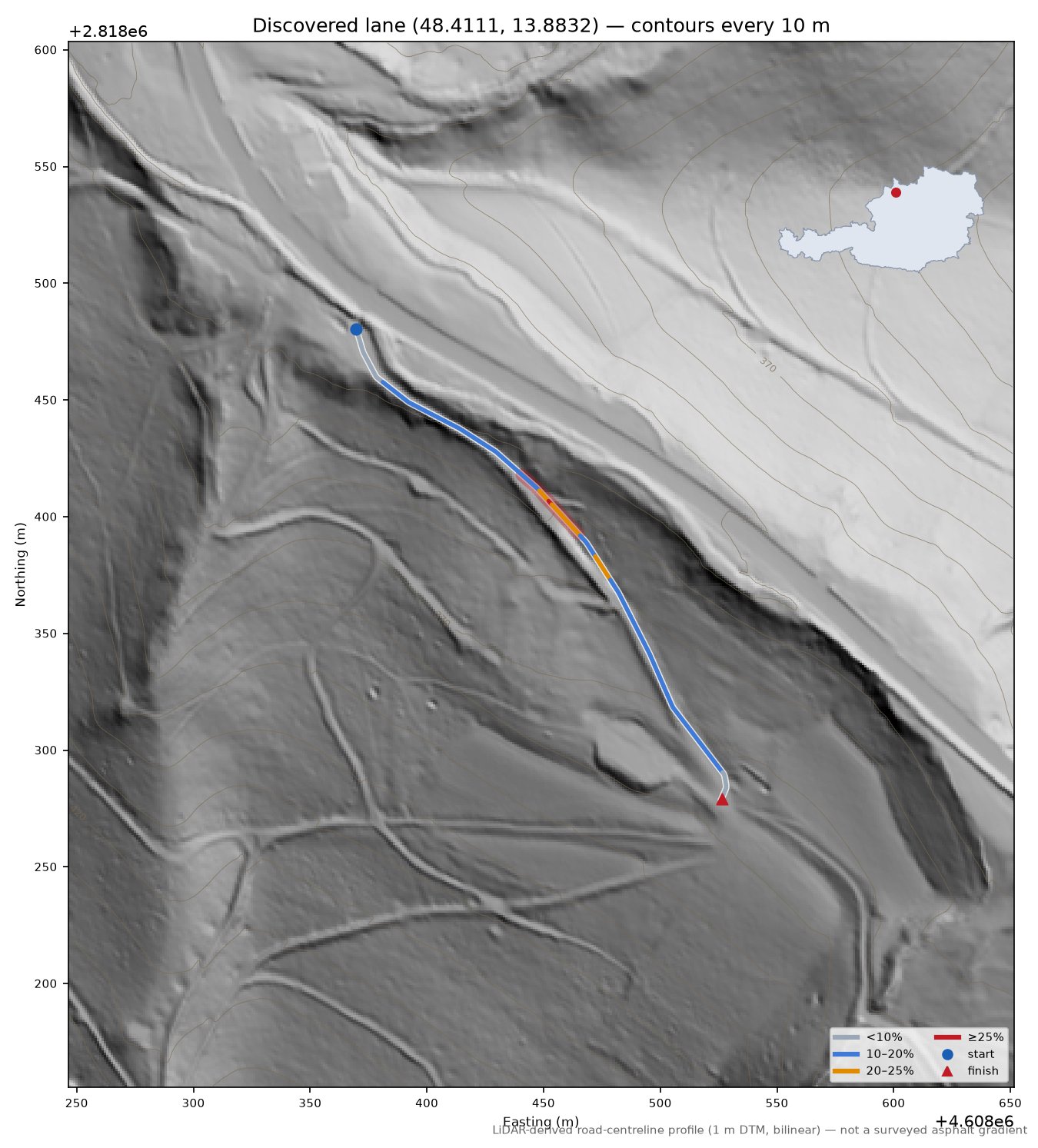 Discovered lane (48.4111, 13.8832) LiDAR hillshade map with contours