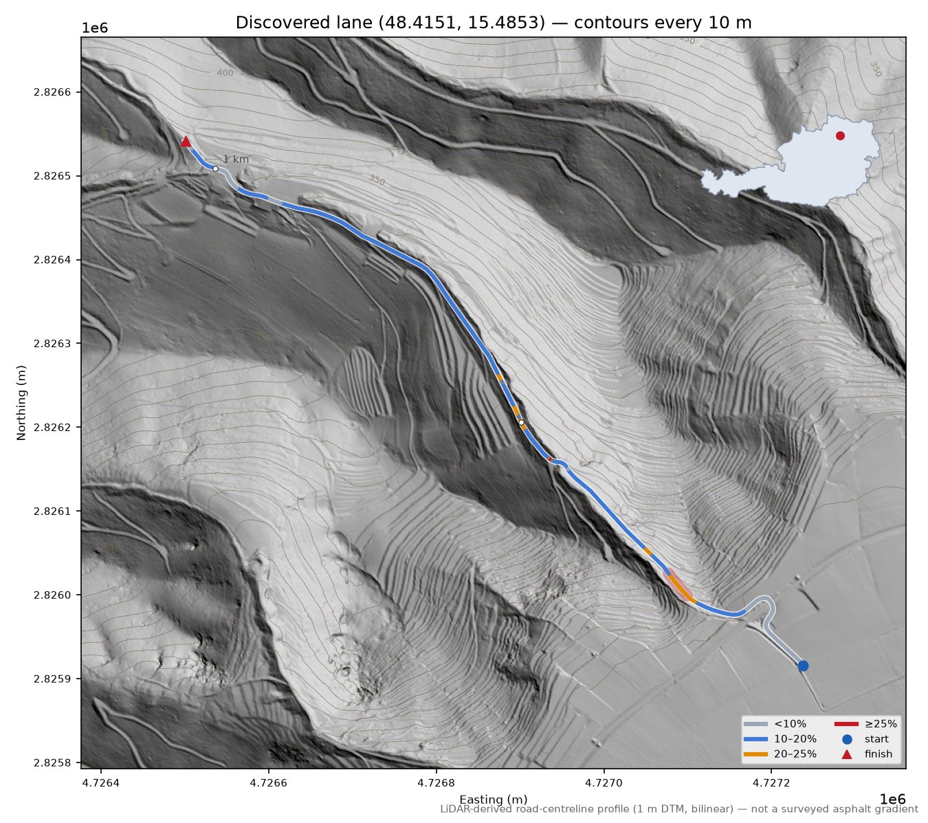 Discovered lane (48.4151, 15.4853) LiDAR hillshade map with contours