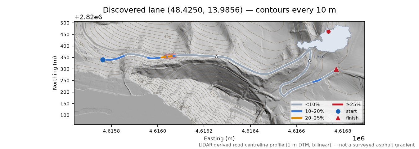 Discovered lane (48.4250, 13.9856) LiDAR hillshade map with contours