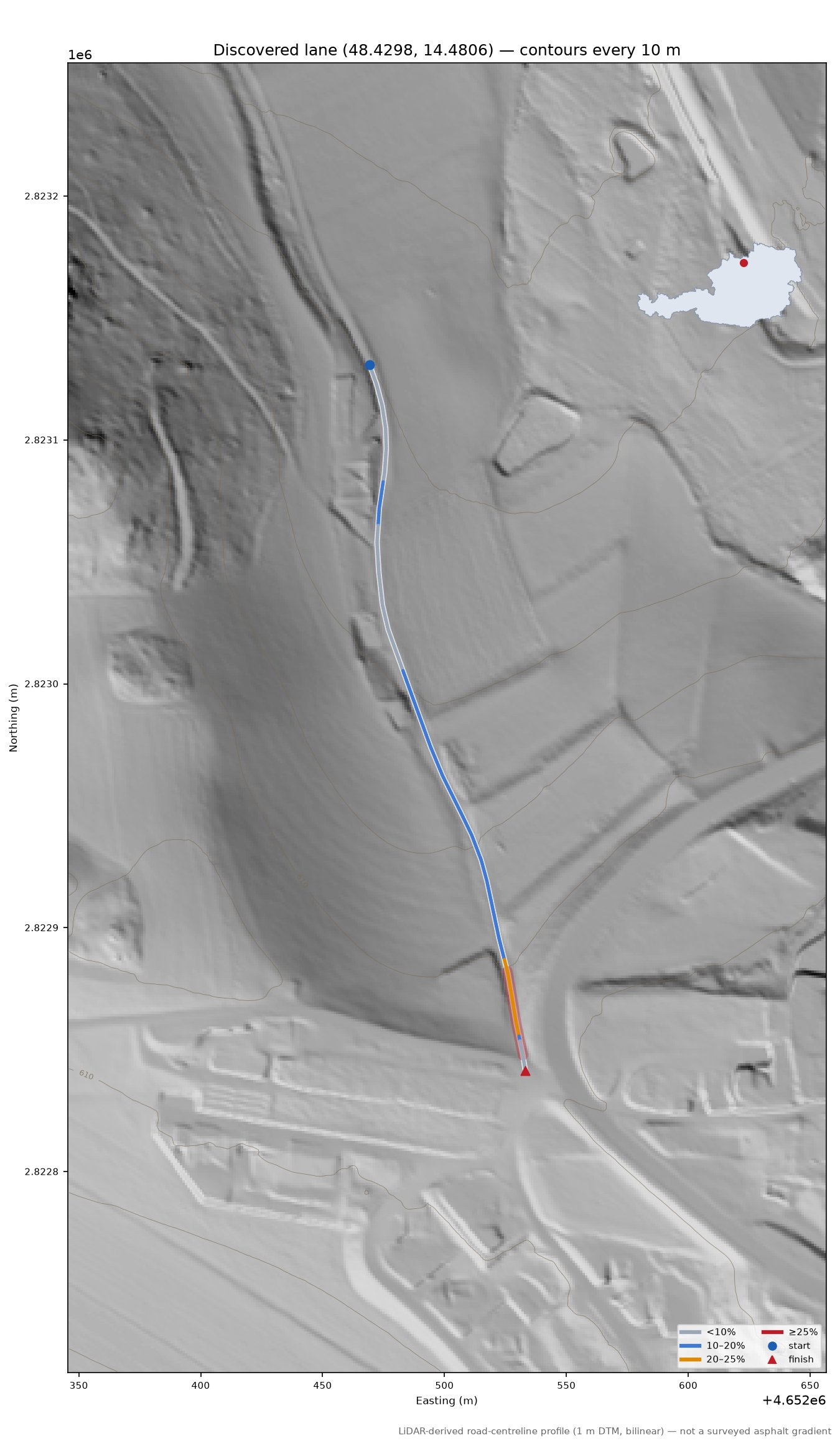 Discovered lane (48.4298, 14.4806) LiDAR hillshade map with contours