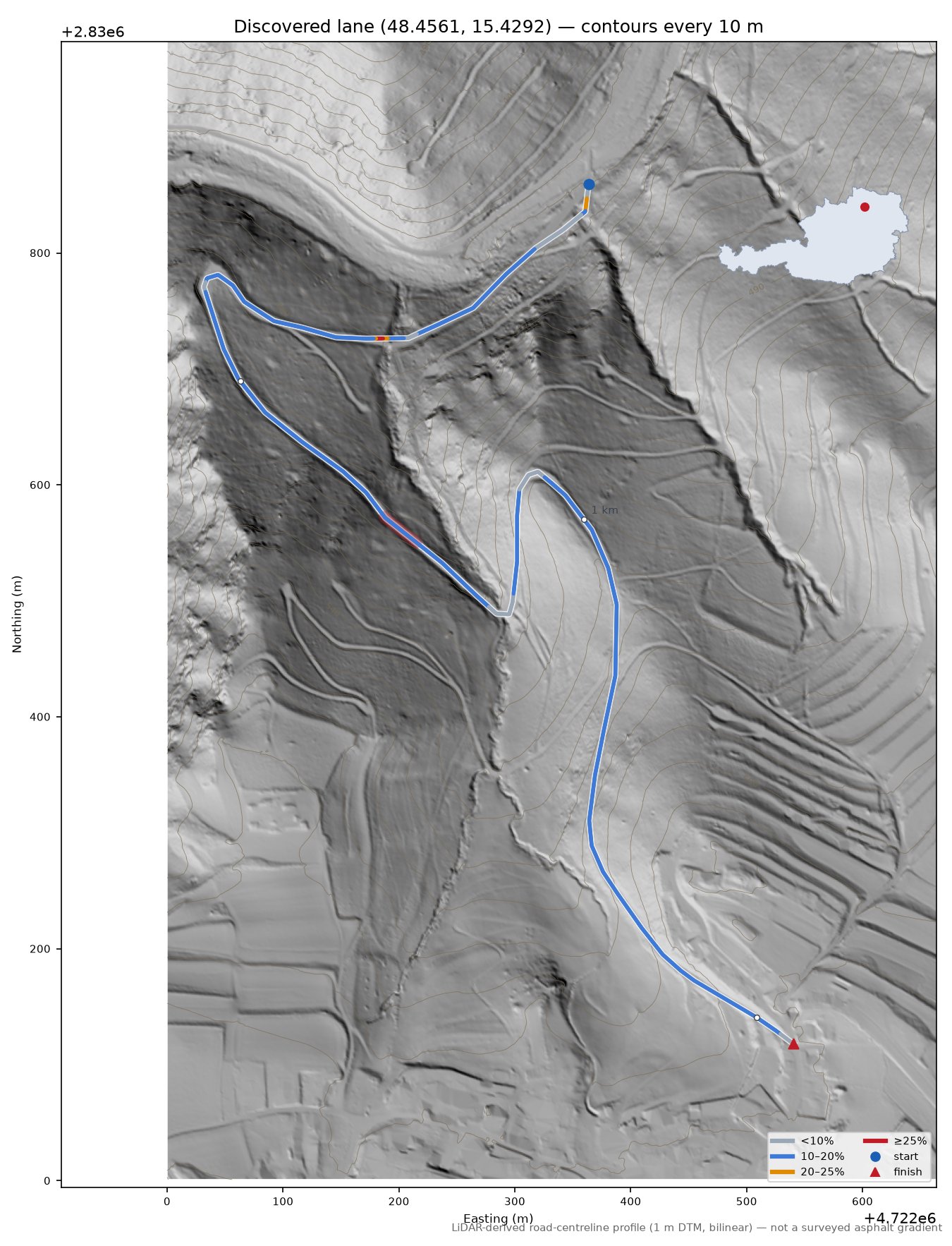 Discovered lane (48.4561, 15.4292) LiDAR hillshade map with contours