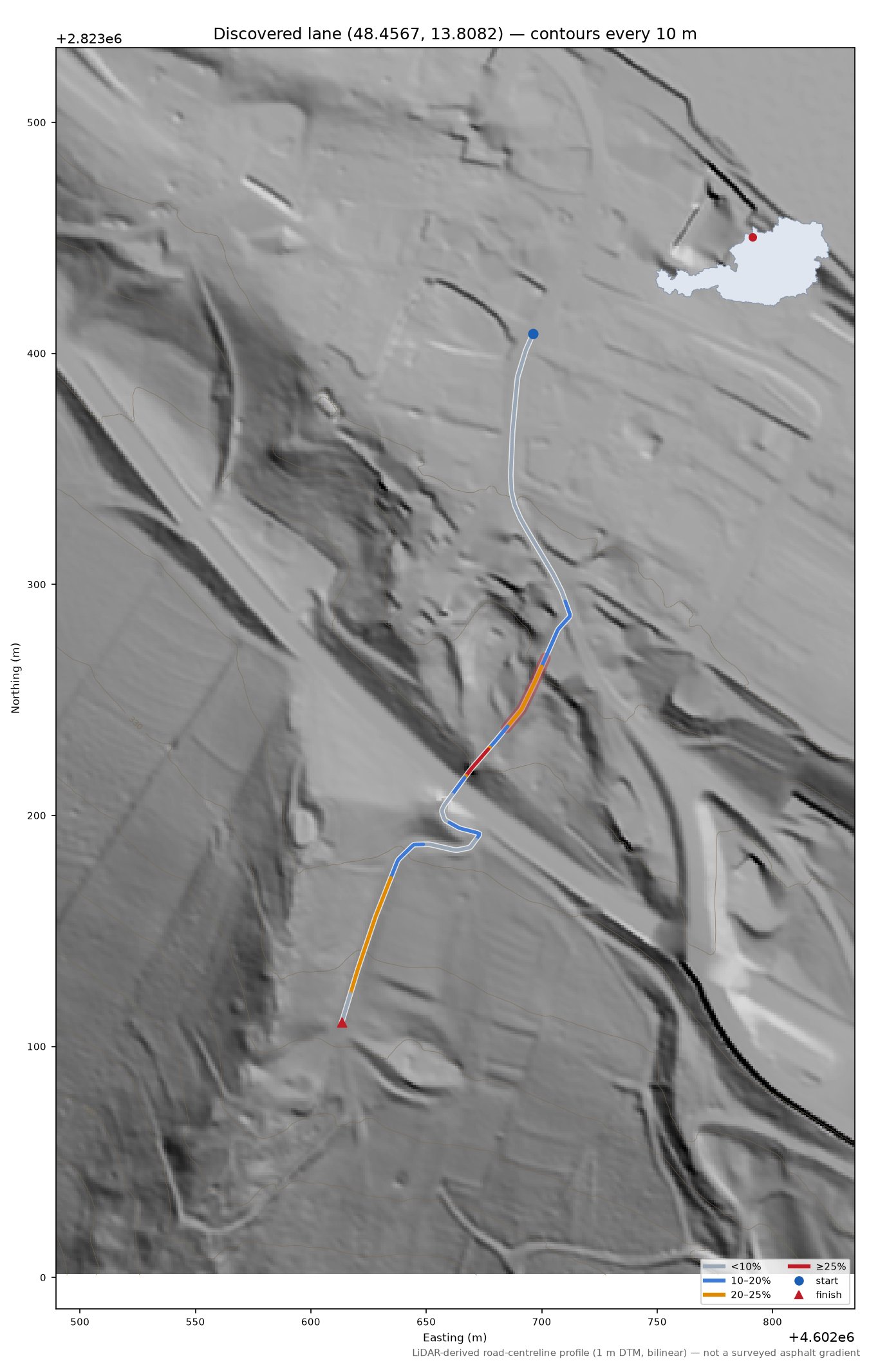 Discovered lane (48.4567, 13.8082) LiDAR hillshade map with contours