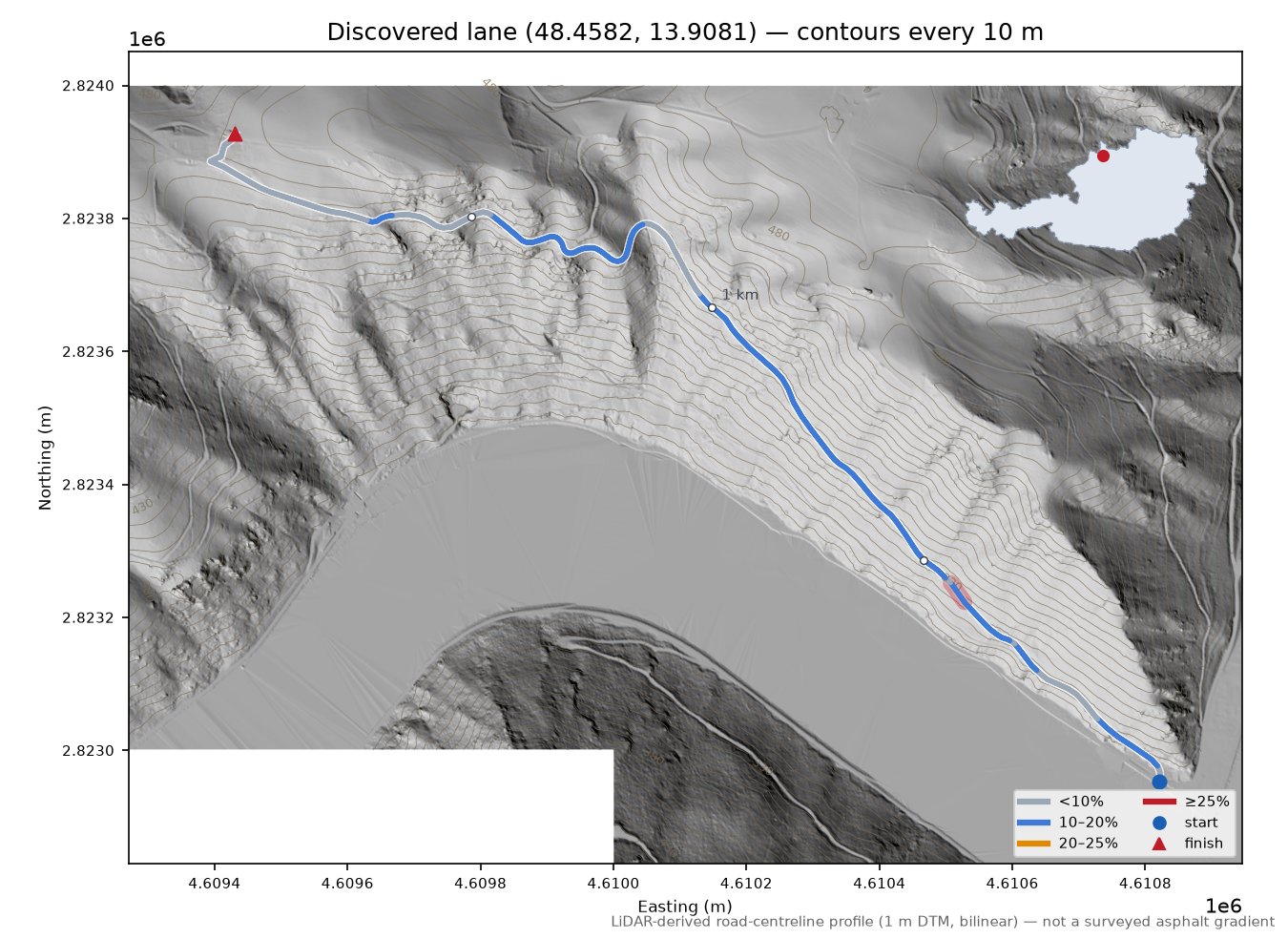 Discovered lane (48.4582, 13.9081) LiDAR hillshade map with contours