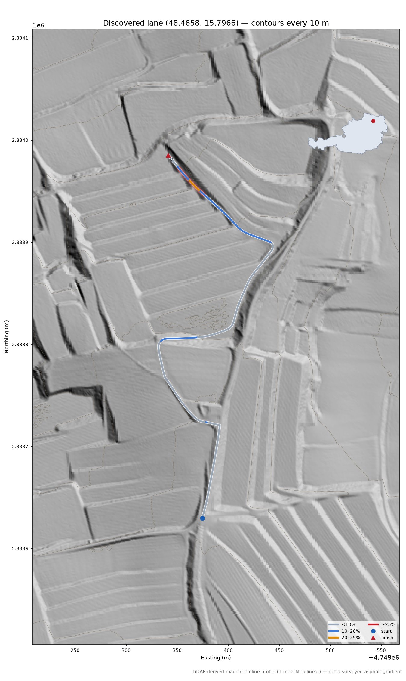 Discovered lane (48.4658, 15.7966) LiDAR hillshade map with contours