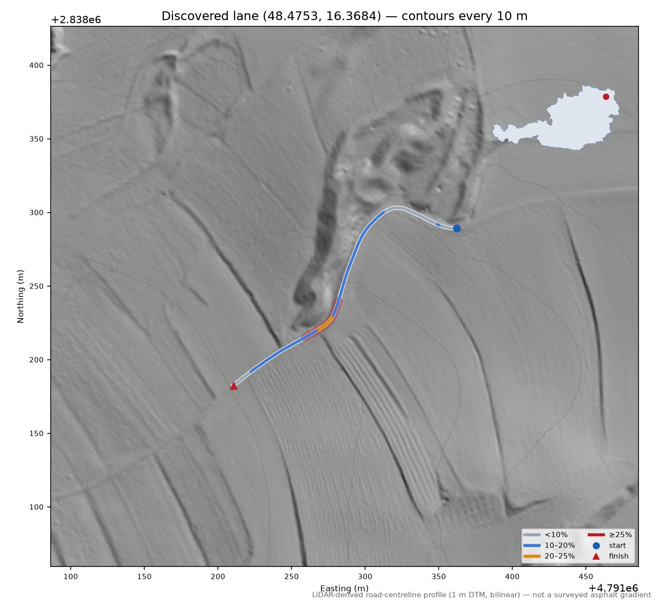 Discovered lane (48.4753, 16.3684) LiDAR hillshade map with contours