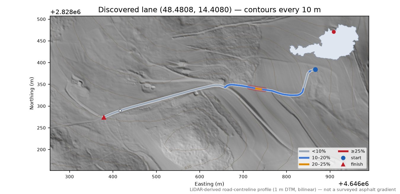 Discovered lane (48.4808, 14.4080) LiDAR hillshade map with contours