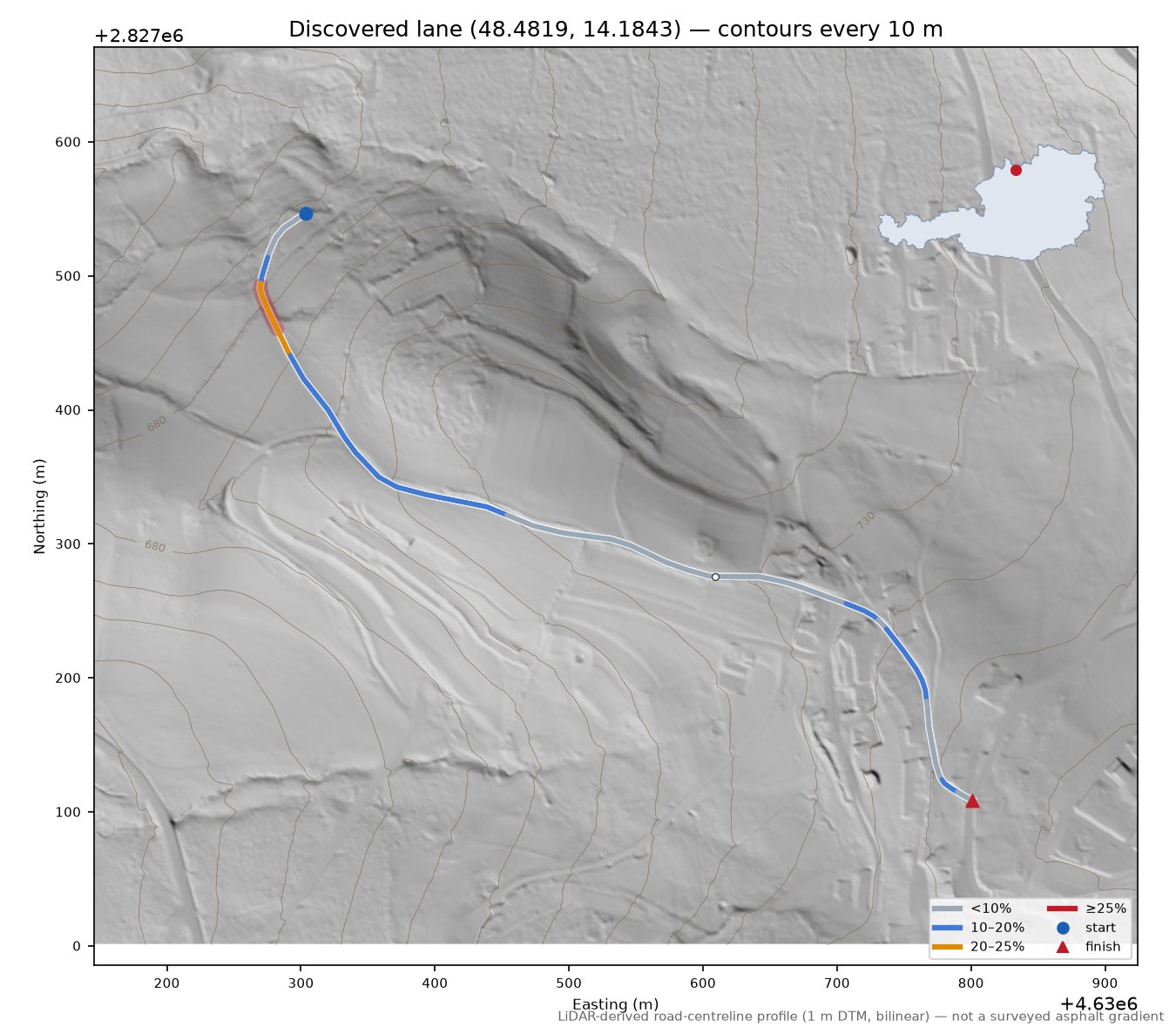 Discovered lane (48.4819, 14.1843) LiDAR hillshade map with contours