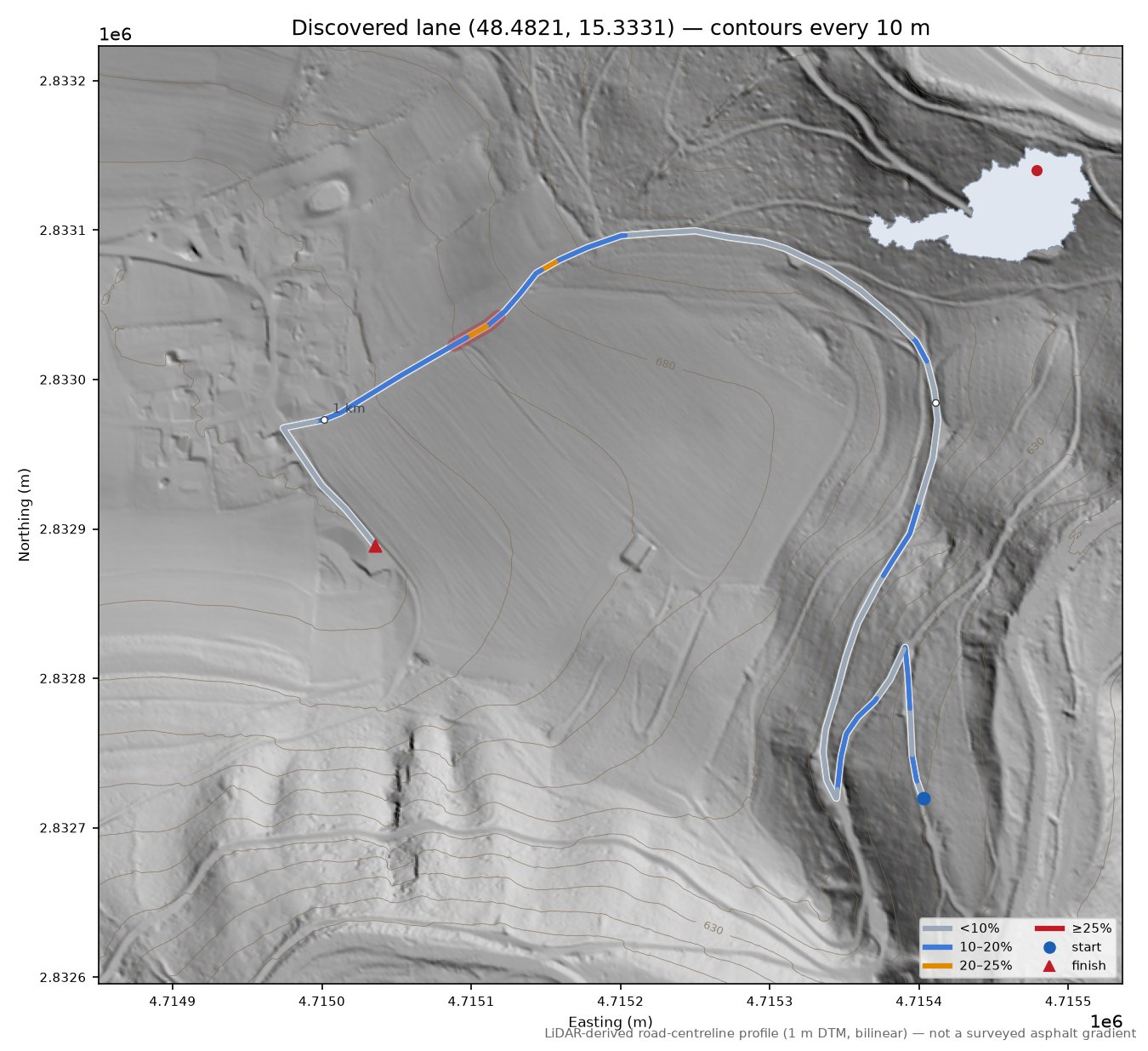 Discovered lane (48.4821, 15.3331) LiDAR hillshade map with contours
