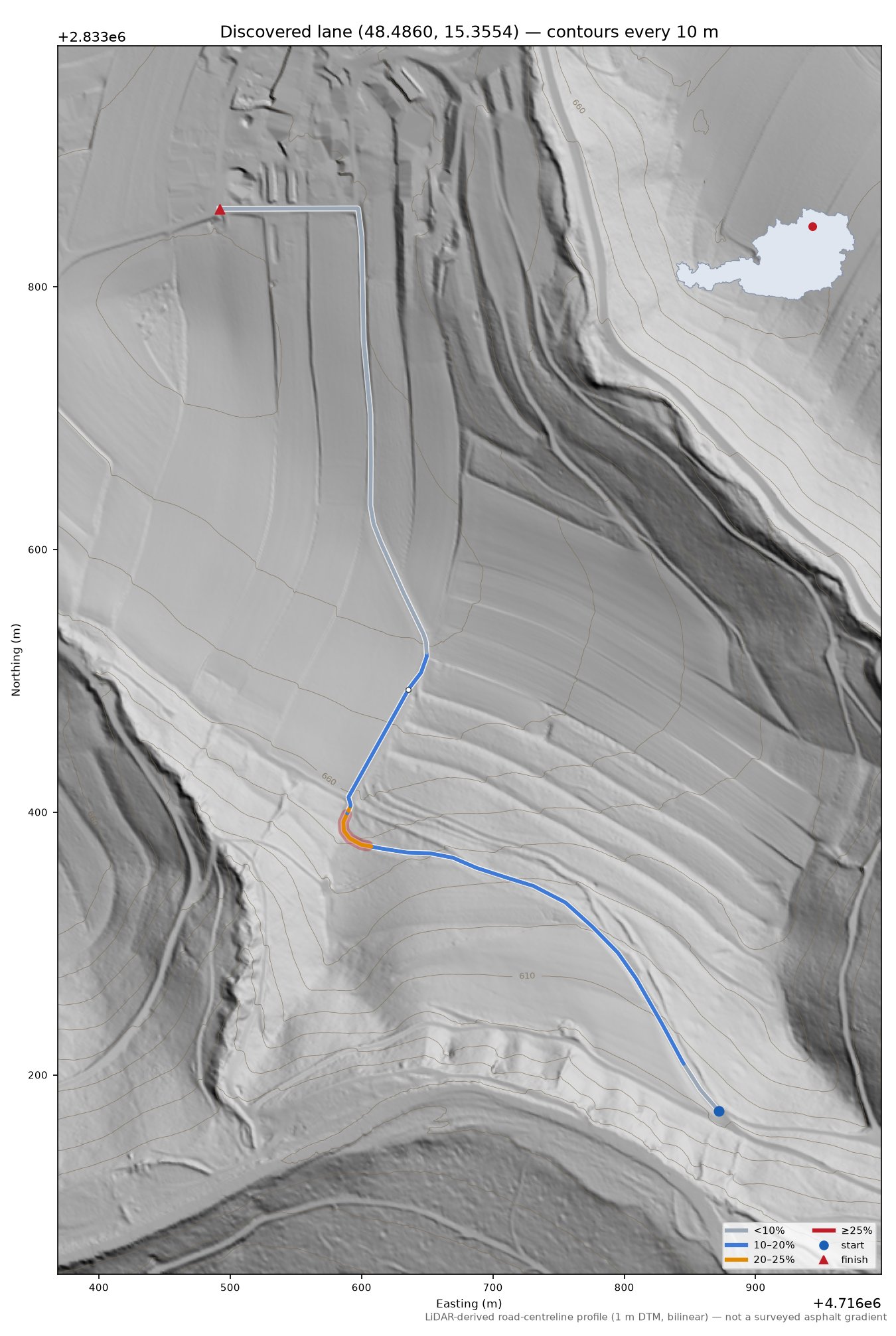 Discovered lane (48.4860, 15.3554) LiDAR hillshade map with contours